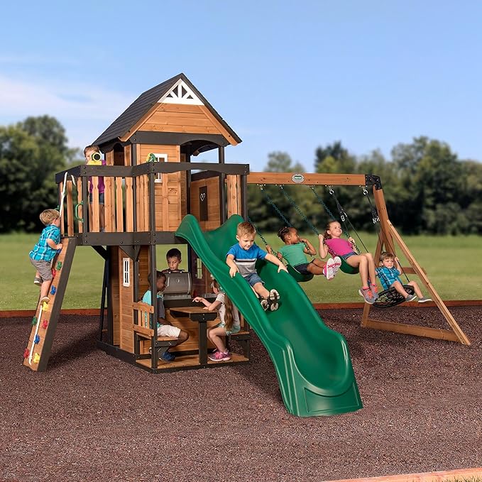 Canyon Creek Cedar Wood Swing Set with Wave Slide, Clubhouse, Play Kitchen, Picnic Area