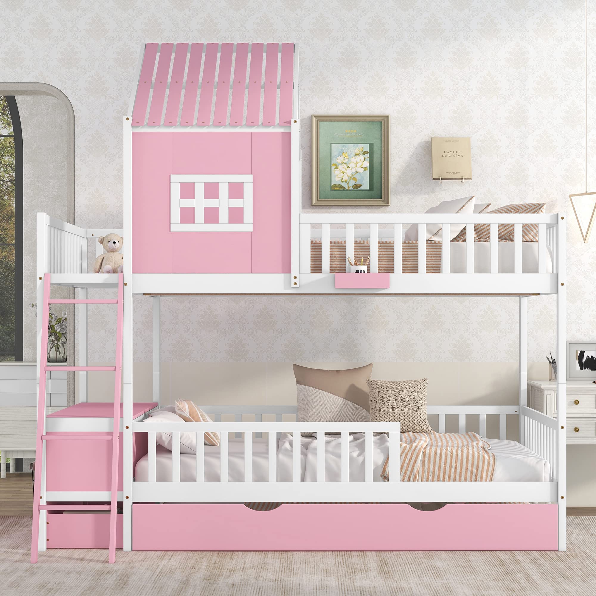 Full Over Full Bunk Bed with Twin Size Trundle, Farmhouse Bed