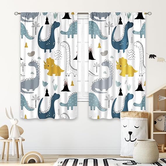 Kids Dinosaur Curtains 42Wx63L Inch Rod Pocket Cartoon Dino Baby
