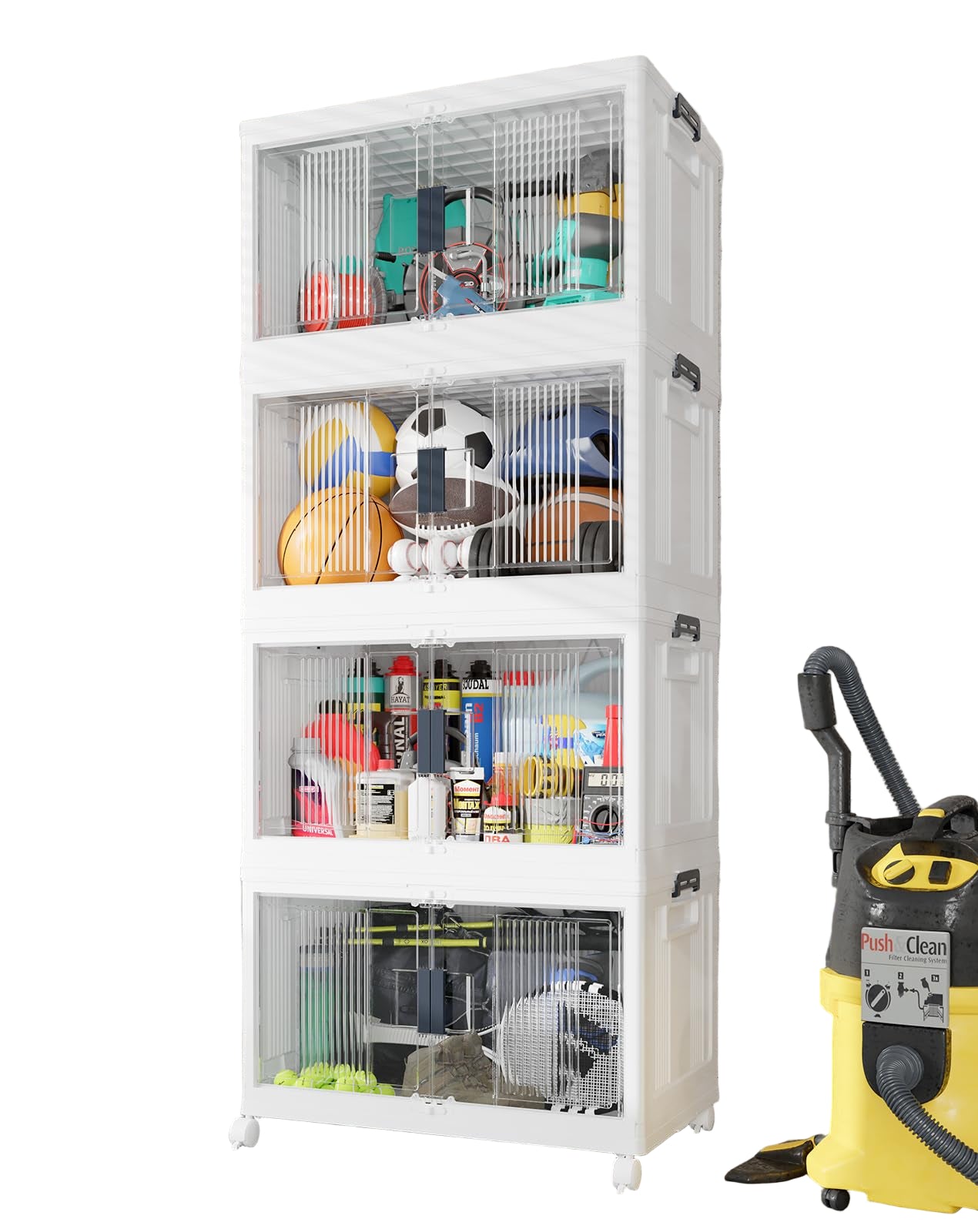 97QT Stackable Storage Bins with Lids - Folding Storage Box with Doors and Wheels