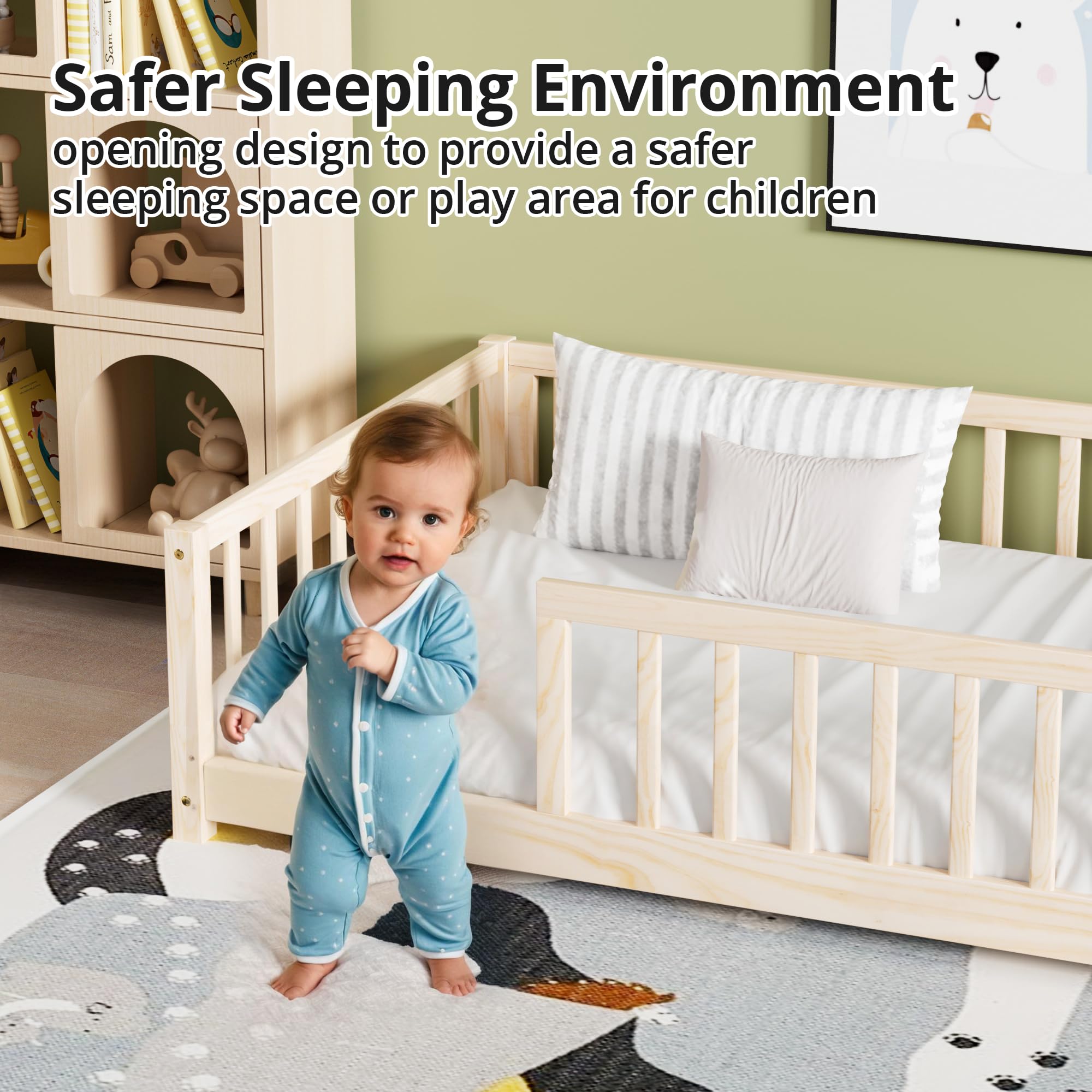 Twin Montessori Floor Bed with Safety Guardrails