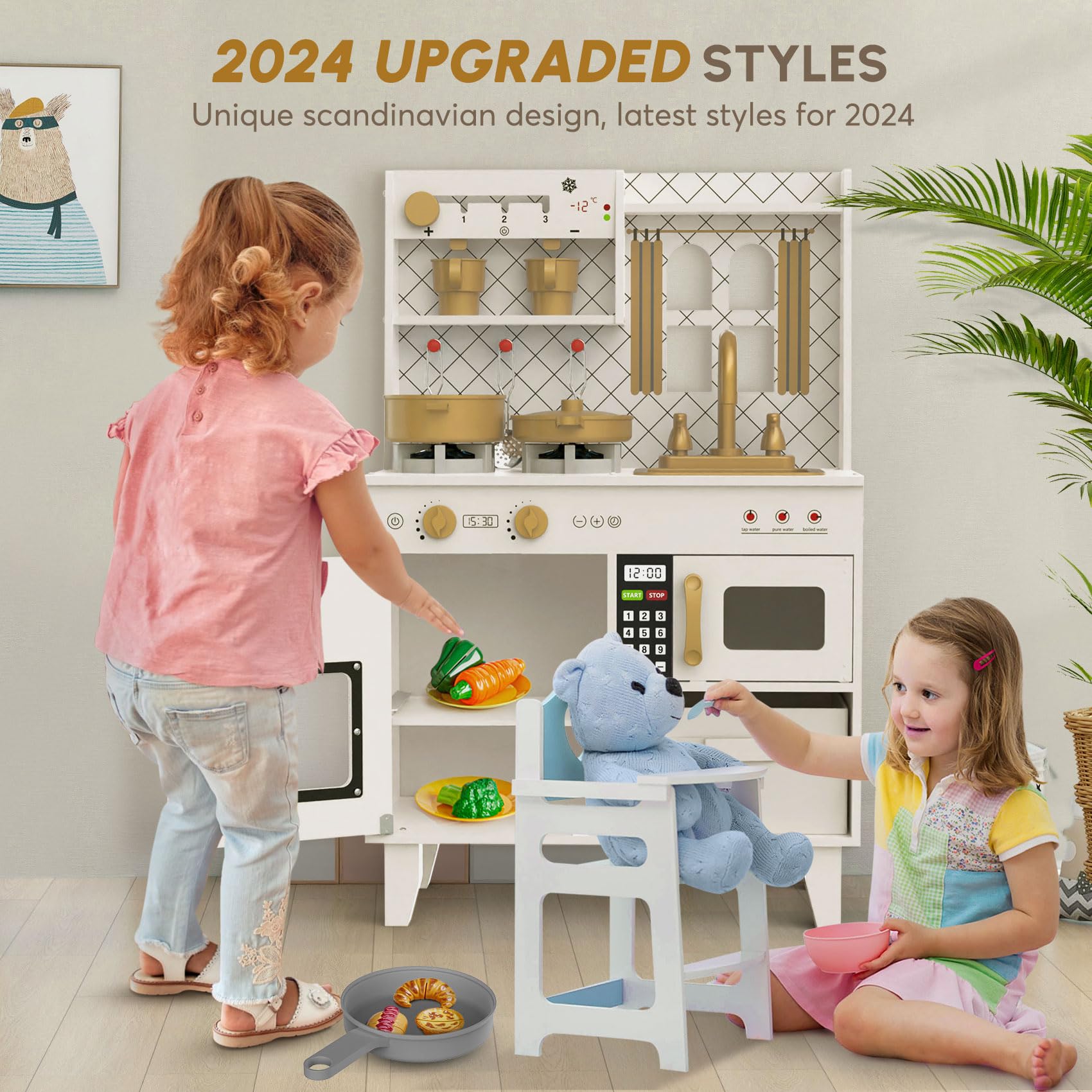 Wooden Play Kitchen with Lights and Sounds for Toddlers