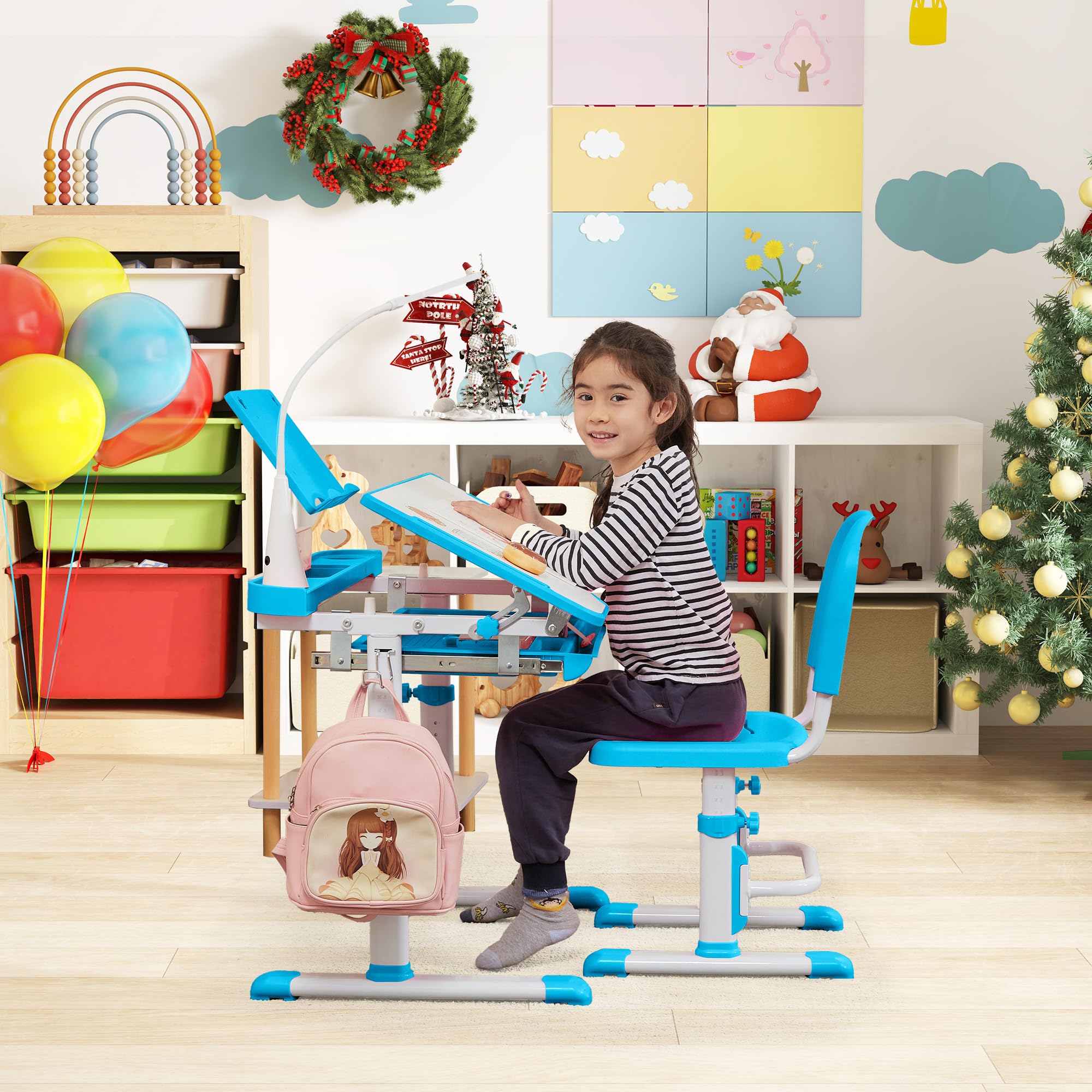 Kids Desk and Chair Set with Tiltable Desktop and LED Light