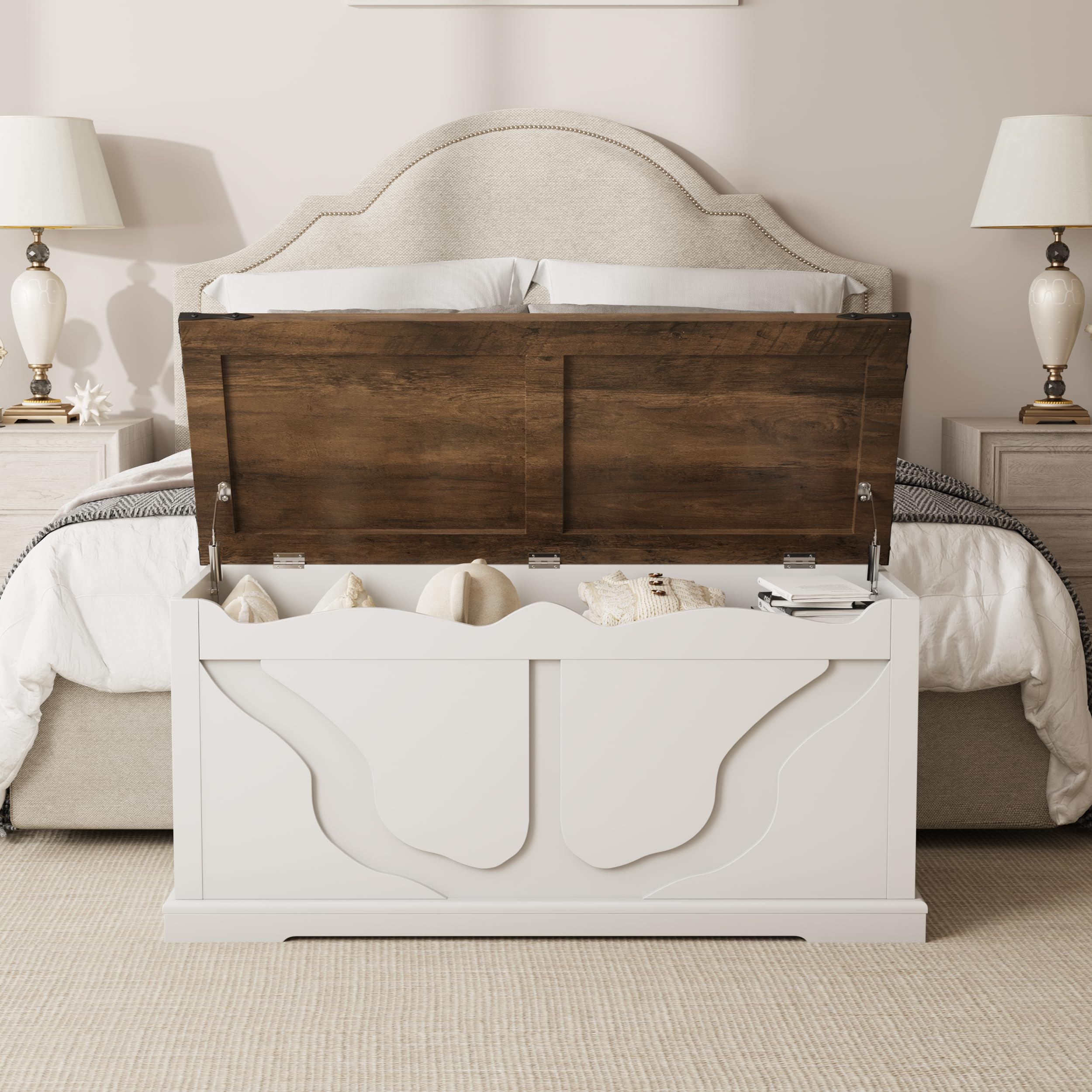 Storage Bench with Safety Hinges White Farmhouse Entryway Organizer