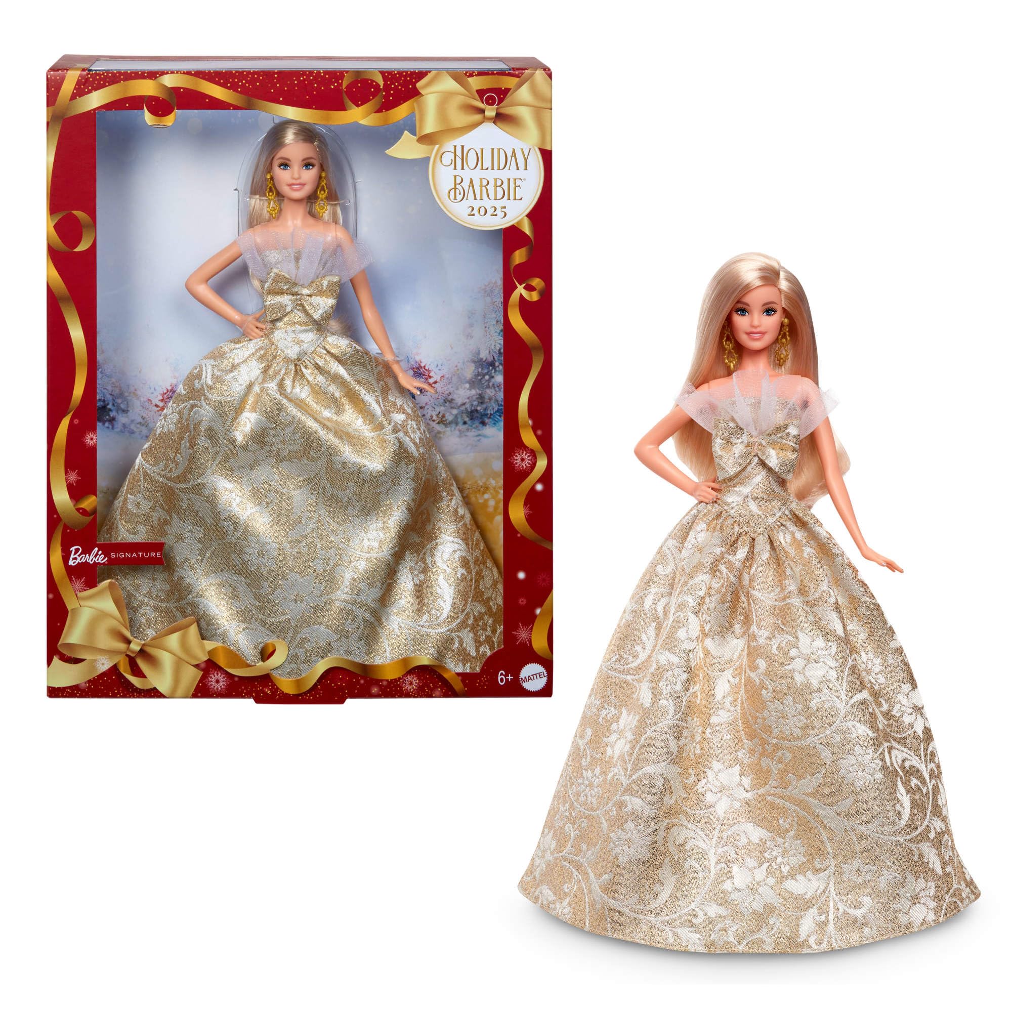 Signature 2025 Holiday Blonde Fashion Doll Wearing Silver & Gold Gown