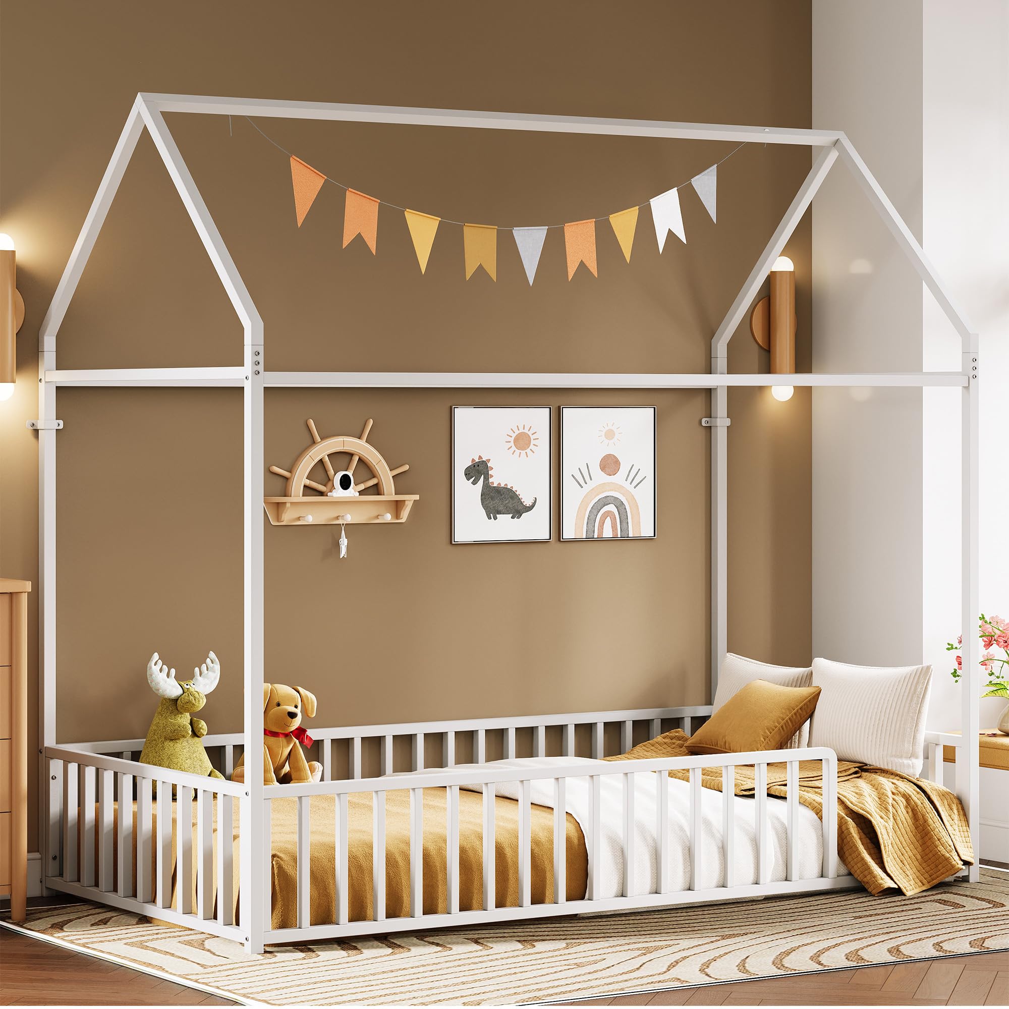 Twin Floor Bed Frame with Roof & Fence Guardrails Metal House Bed for Bedroom