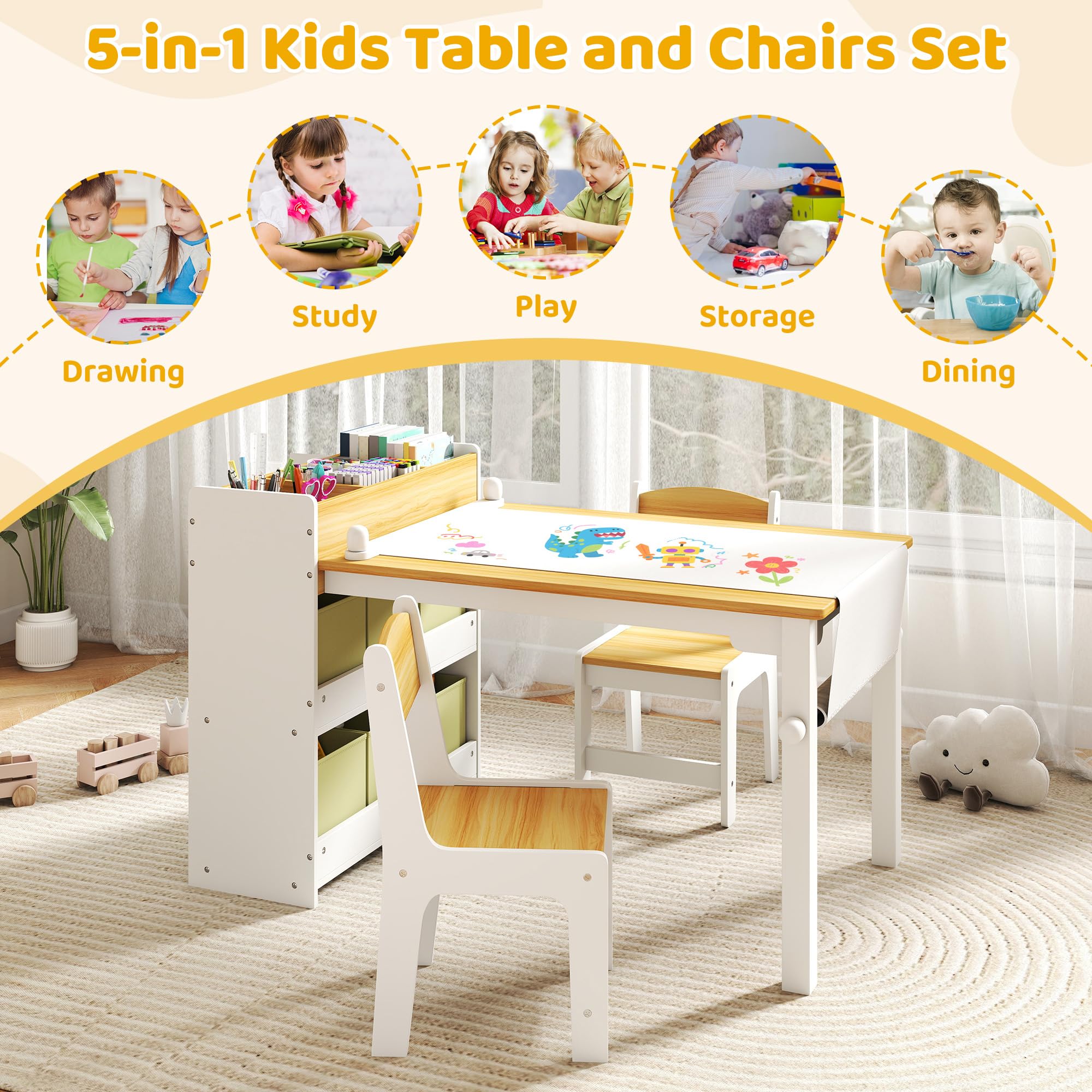 Kids Art Table and Chair Set with Storage Bins and Paper Roll