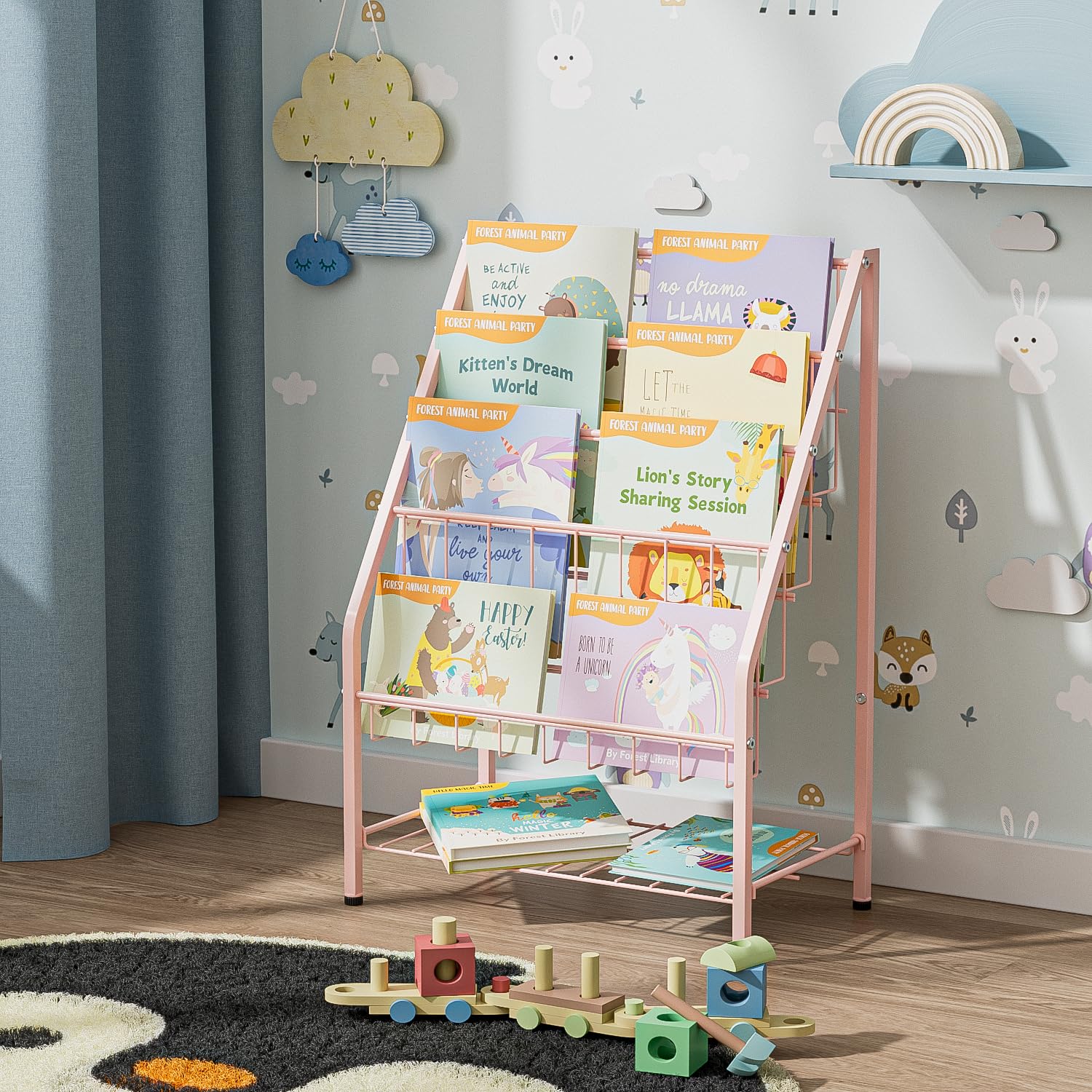 Bookshelf, 4-Tier Metal Child Bookshelves Rack with Toy Storage