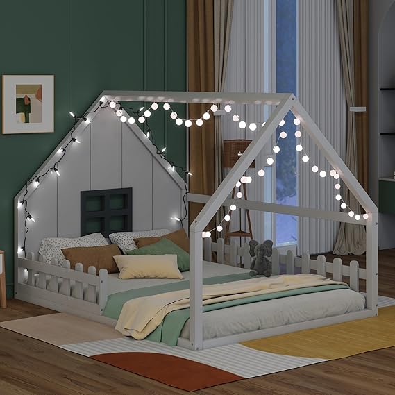 Full Size House Bed for Kids, Wood Montessori Floor Bed