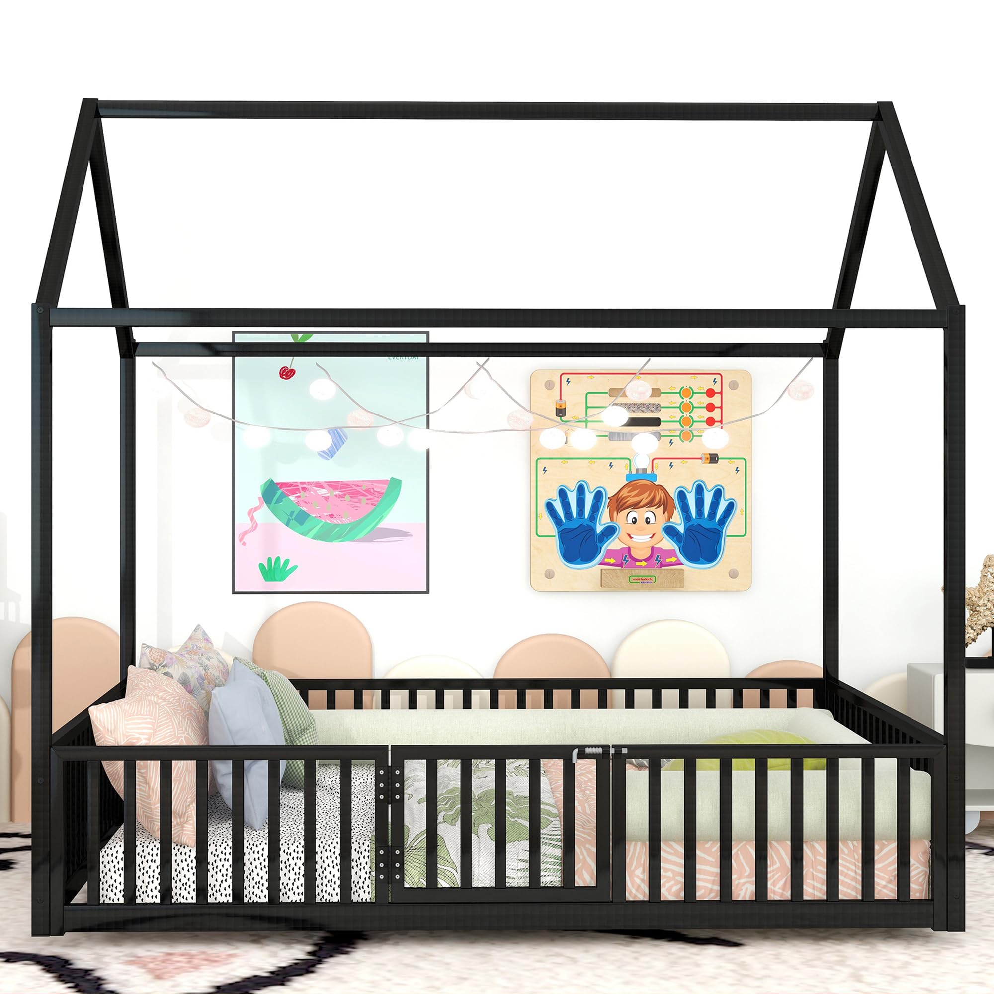 Metal Montessori Floor Bed Full Size with House Frame