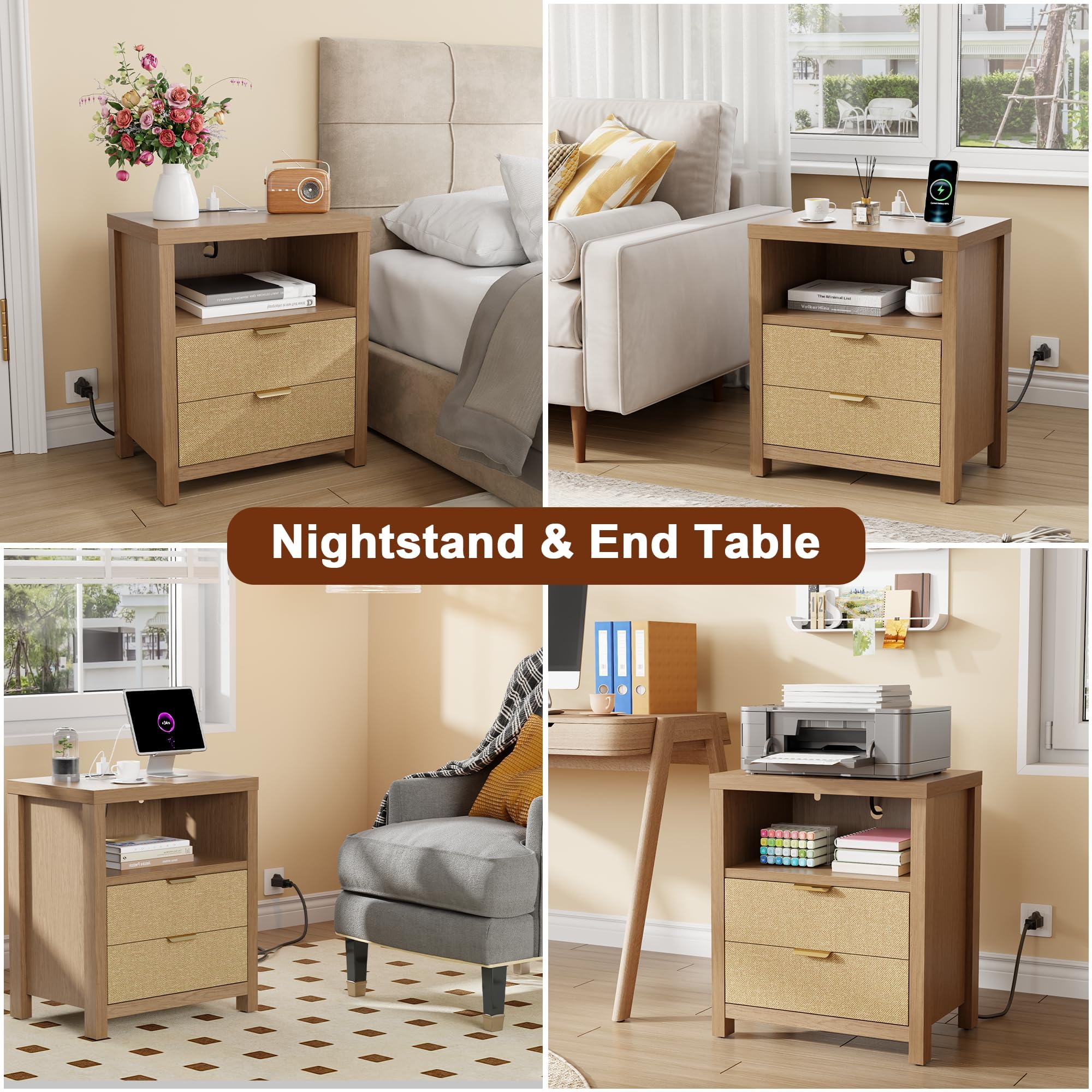 Rattan Nightstand with Charging Station and Storage Drawers