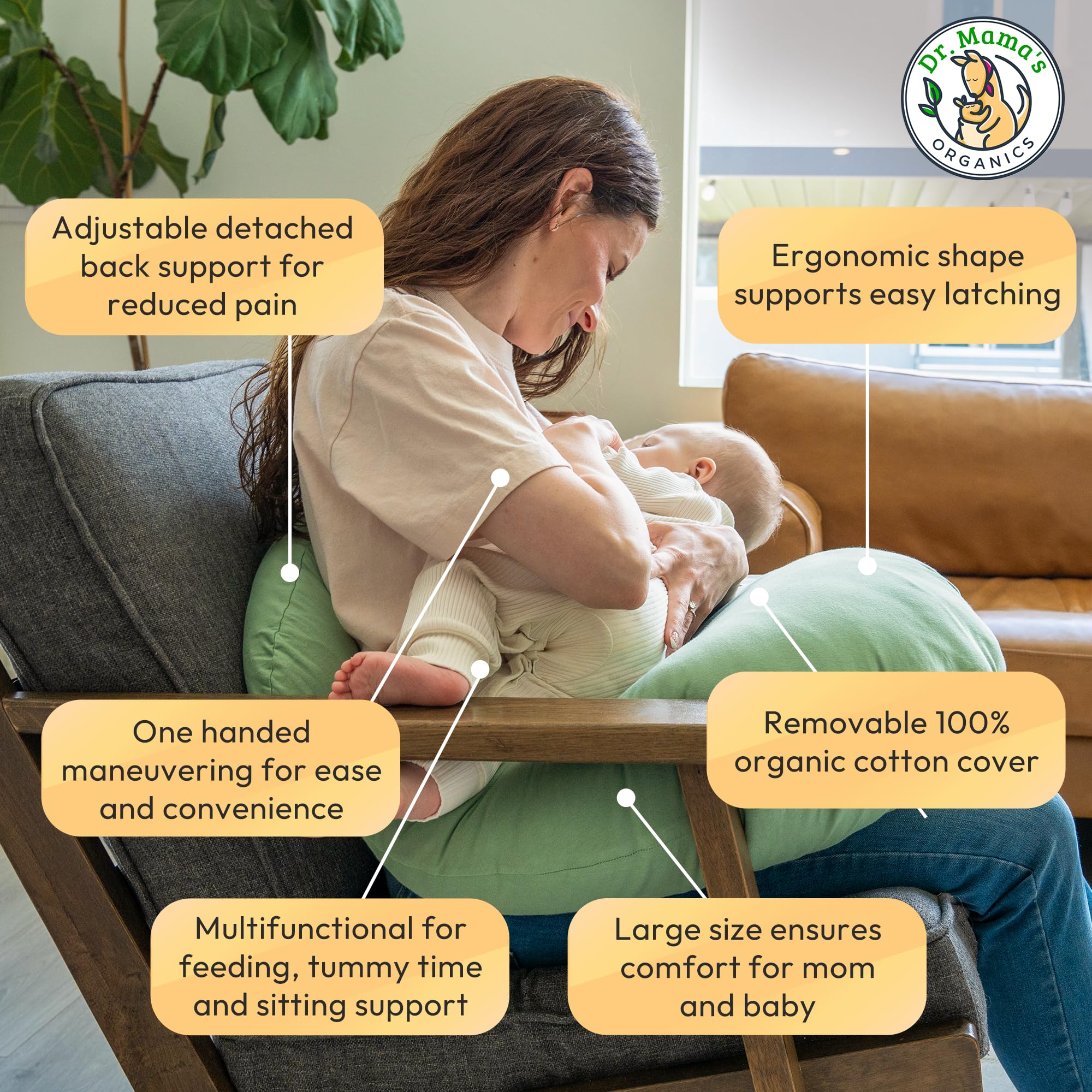 Dr. Mama's Organics Nursing Pillow with Lumbar Support - Ergonomic Design Helps Relieve Back Pain and Arm Fatigue - for Bottle and Breastfeeding - Removable Organic Cotton Cover -Sage