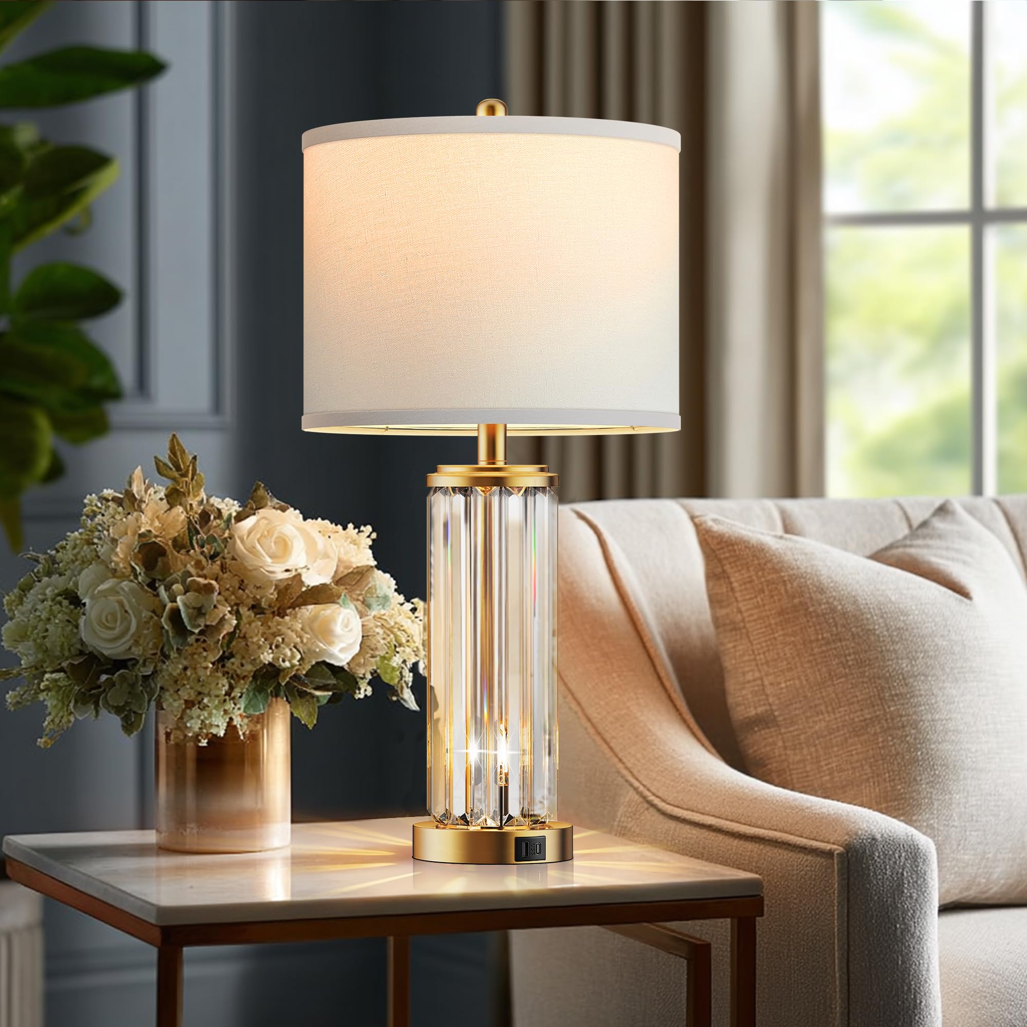 Crystal Table Lamps Set of 2 with USB Charging Ports and Night Light