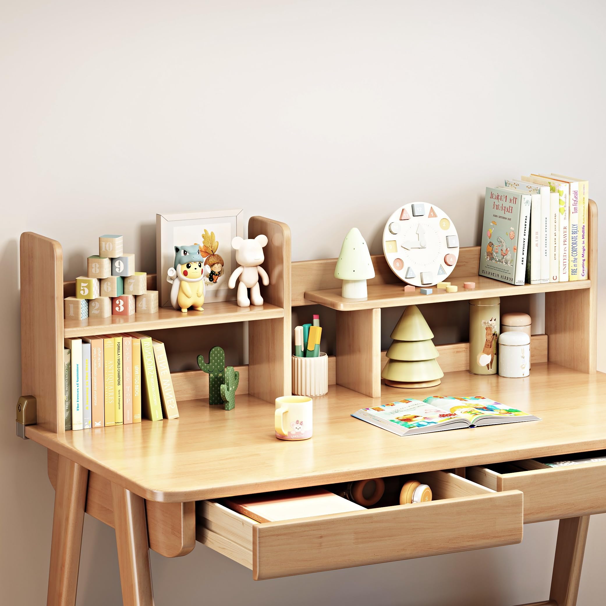 Rubber Wood Kids Study Desk with Bookshelf and Drawers