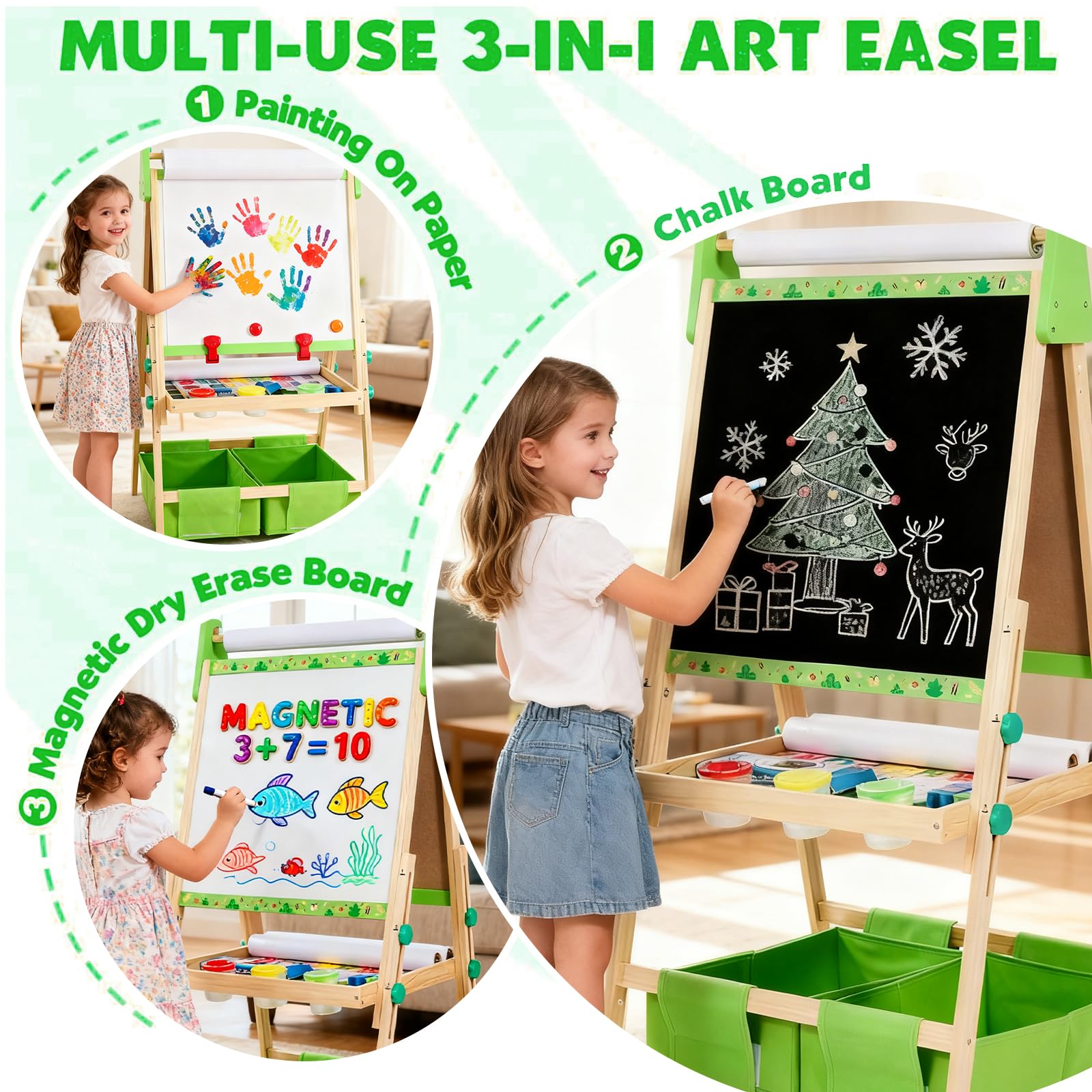 Adjustable Wooden Art Easel for Kids with Magnetic Whiteboard and Chalkboard