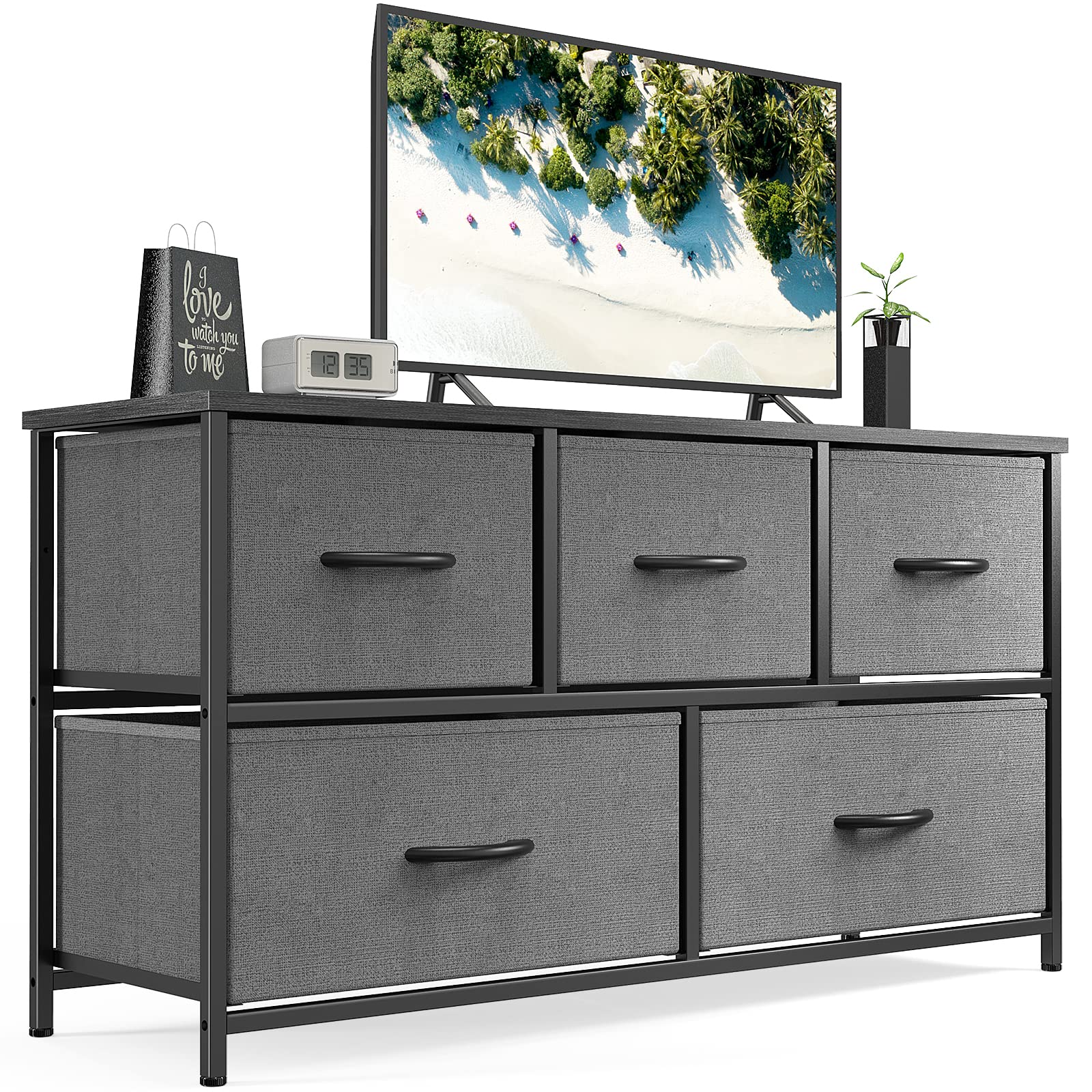 5 Drawer Dresser with Wooden Top and Metal Frame