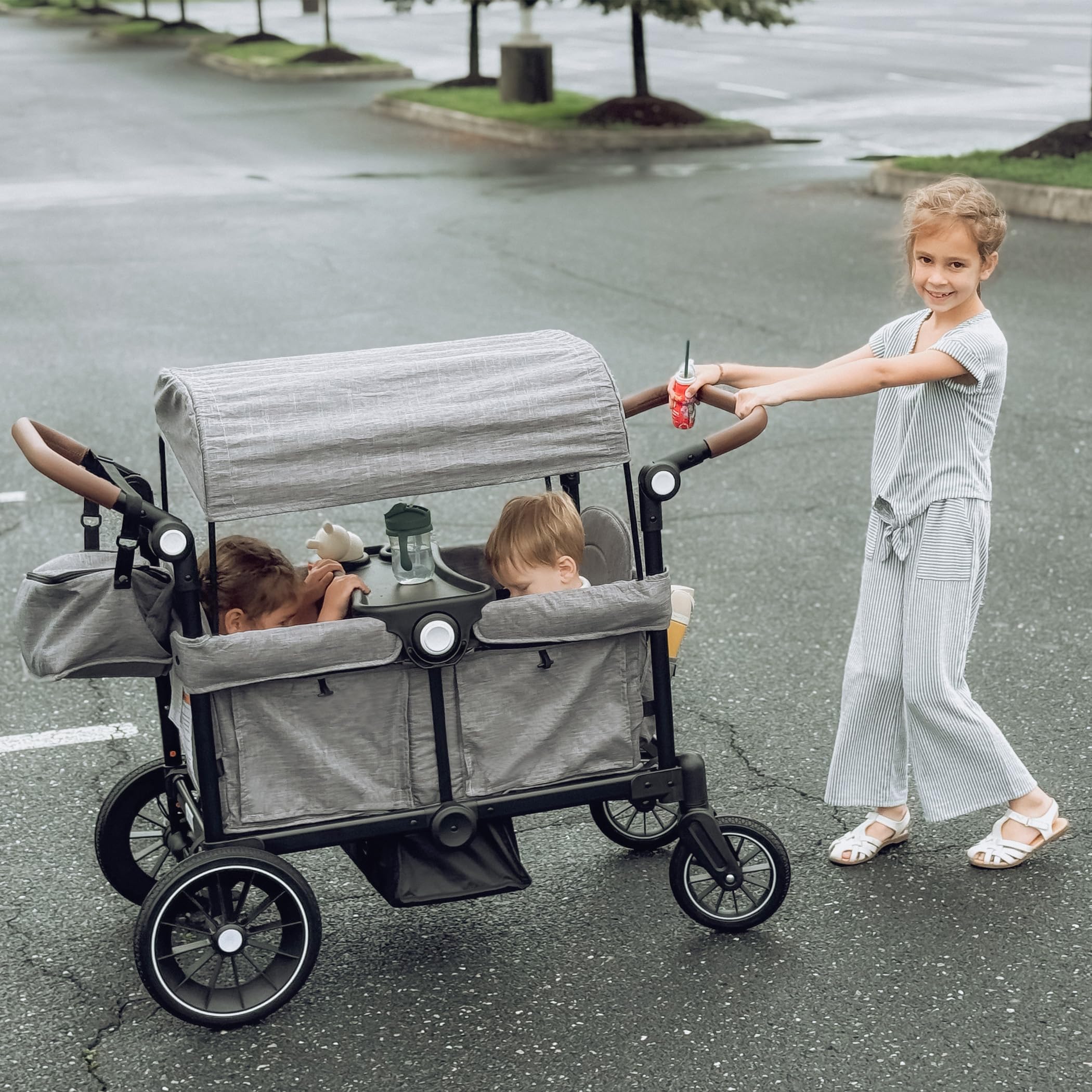 Wagon Stroller for 2 Kids, Foldable Kids Wagon Cart Featuring with Harnesses