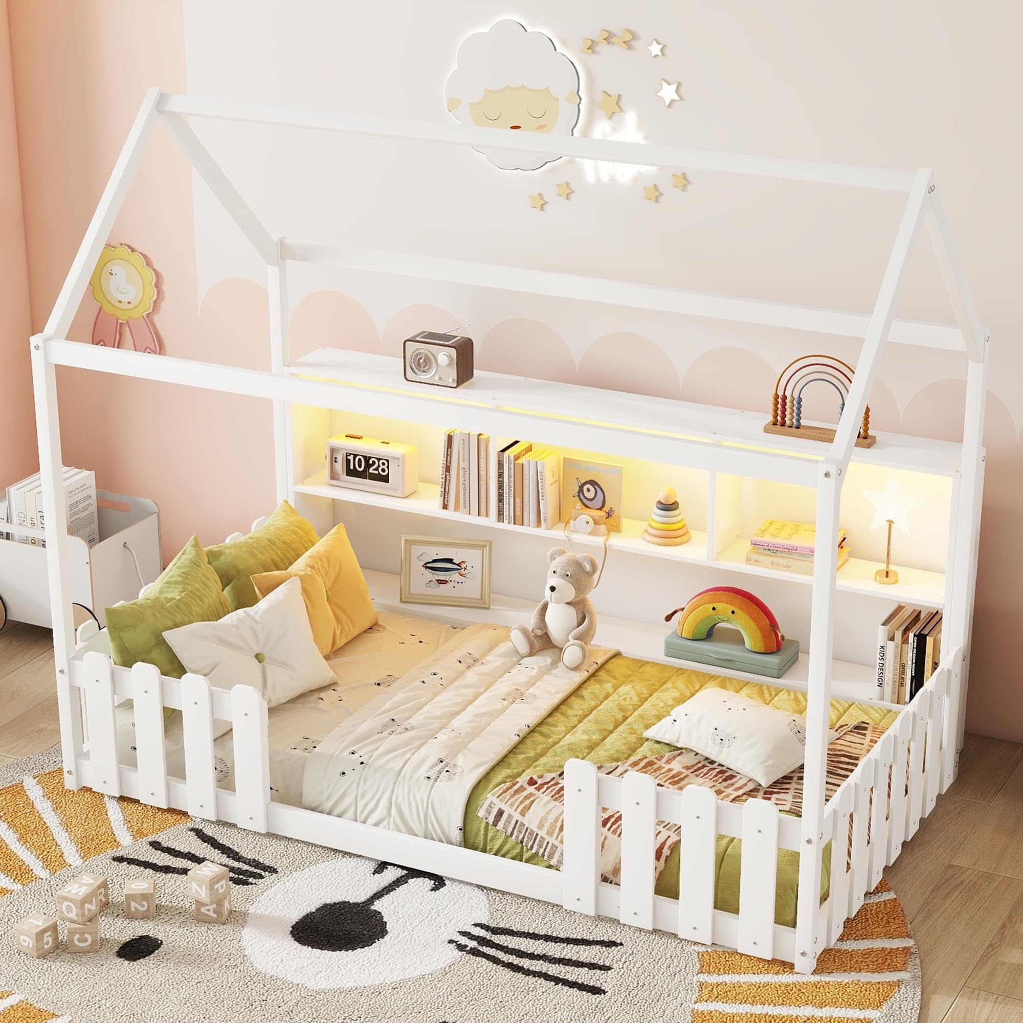 Twin Floor Bed with LED Light and Storage Bookshelf