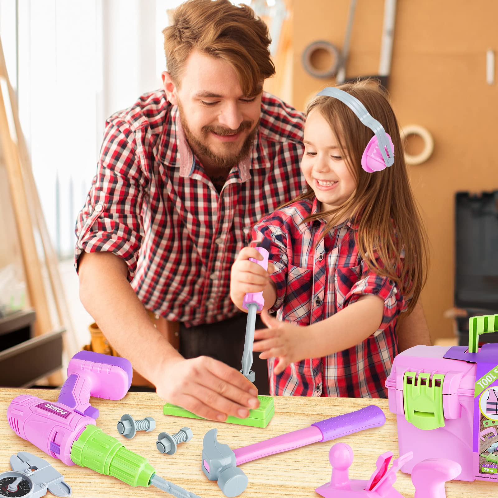 Electric Toy Drill Tool Box for Girls, Pink Toddler Tool Set
