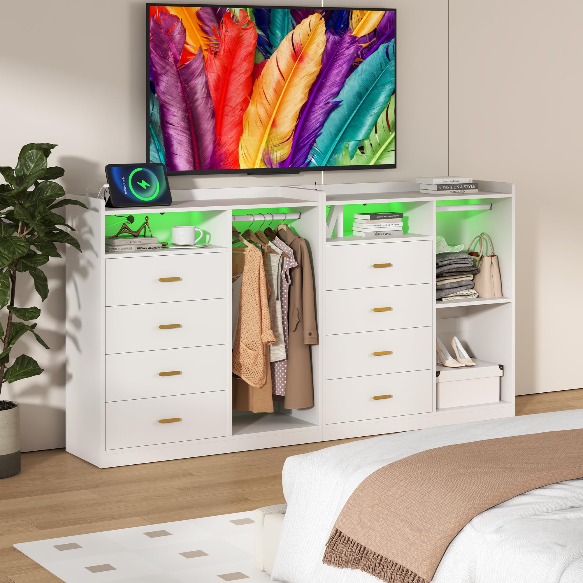 4 Drawer Dresser with Clothes Rack LED Lights and Charging Station