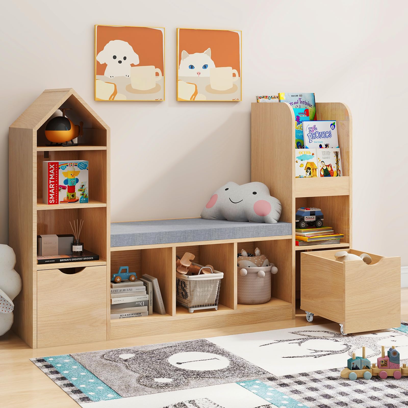 Kids Bookcase with Reading Nook, Oak Bookshelf with 7 Storage Cubbies
