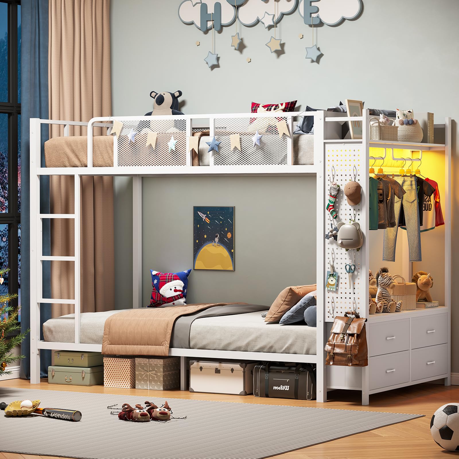 Metal Bunk Bed Twin Over Twin with Hall Tree, Power Outlet