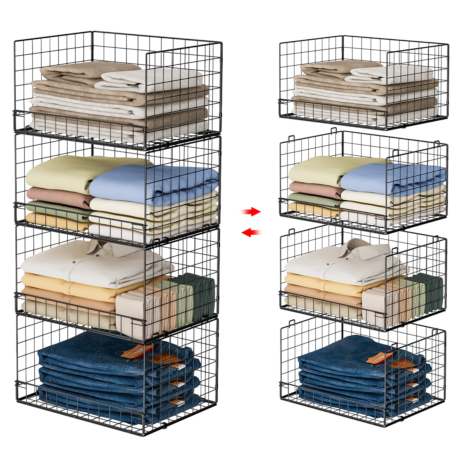 4-Tier Stackable Closet Organizers and Storage Shelves, Clothes Shelf Organizer Basket