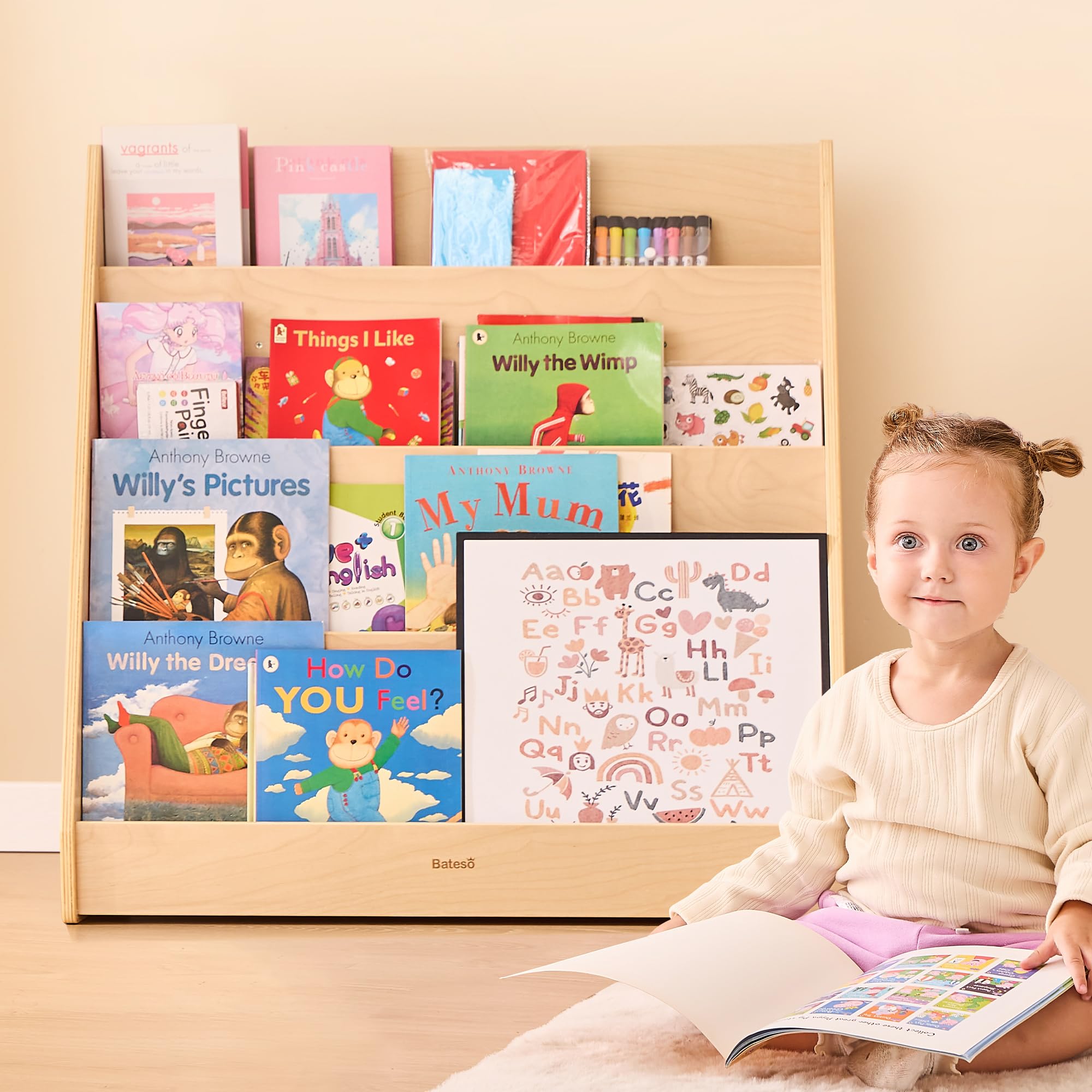 Wooden Montessori Bookshelf for Kids with Storage