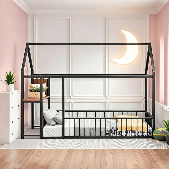 Full Size Metal House Bed, Kids Montessori Floor Bed with Desk