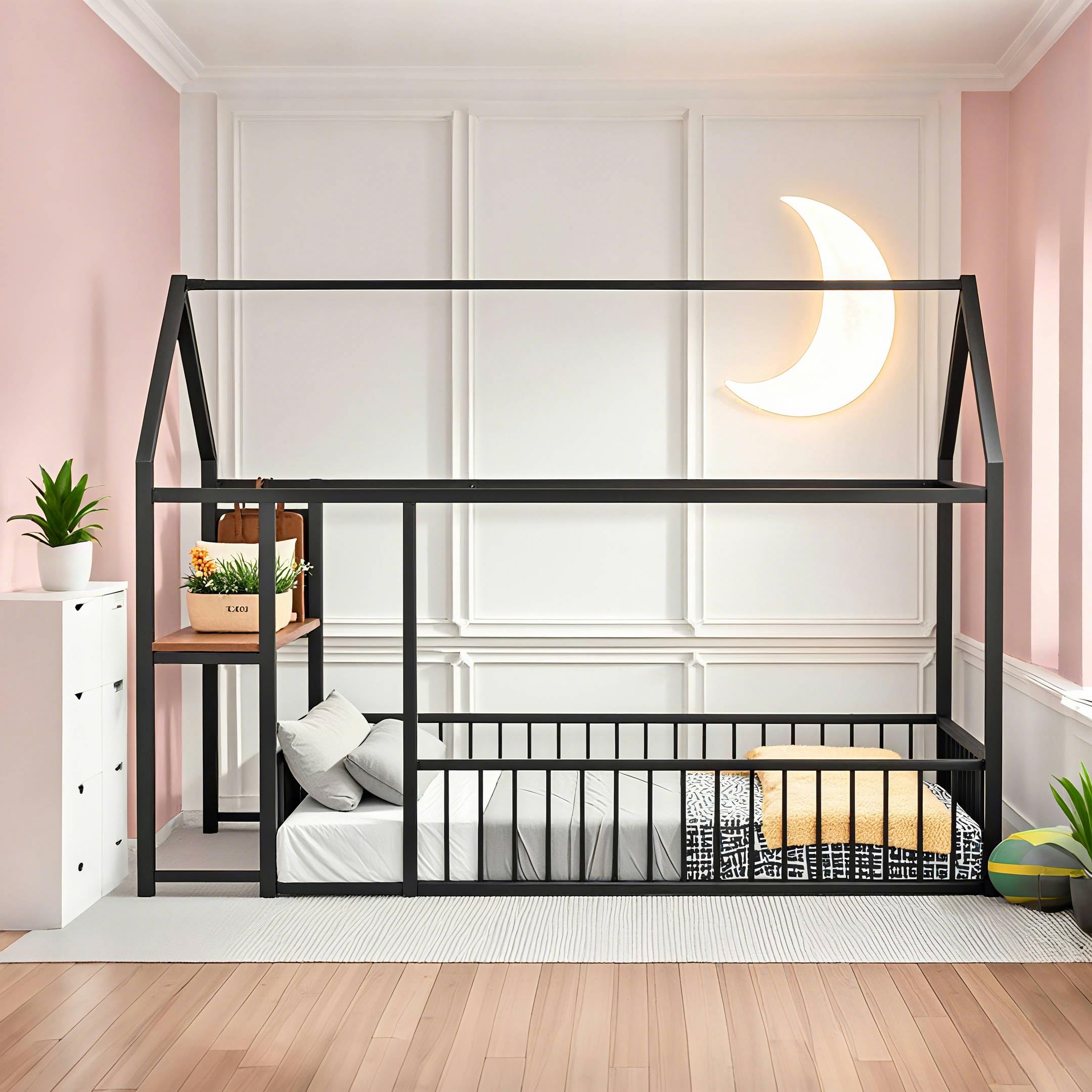 Full Size Metal House Bed with Desk and Guardrails