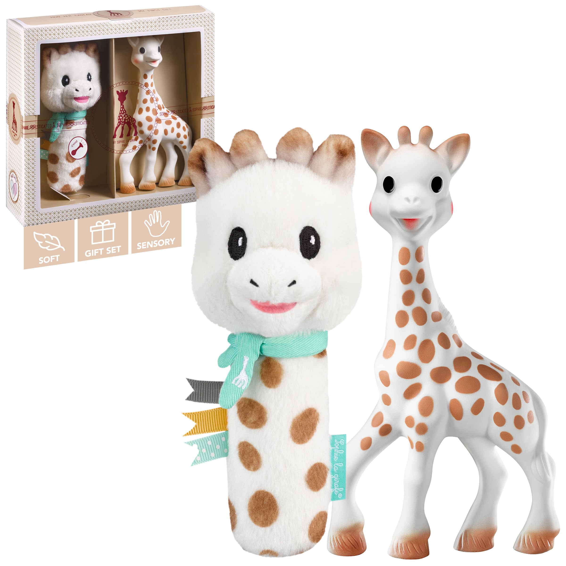 Sophie la girafe Classical Creation Birth Set #5 | Includes Gift Bag, Card, Sophie la girafe & Pouet Rattle | Handcrafted for 60 Years in France