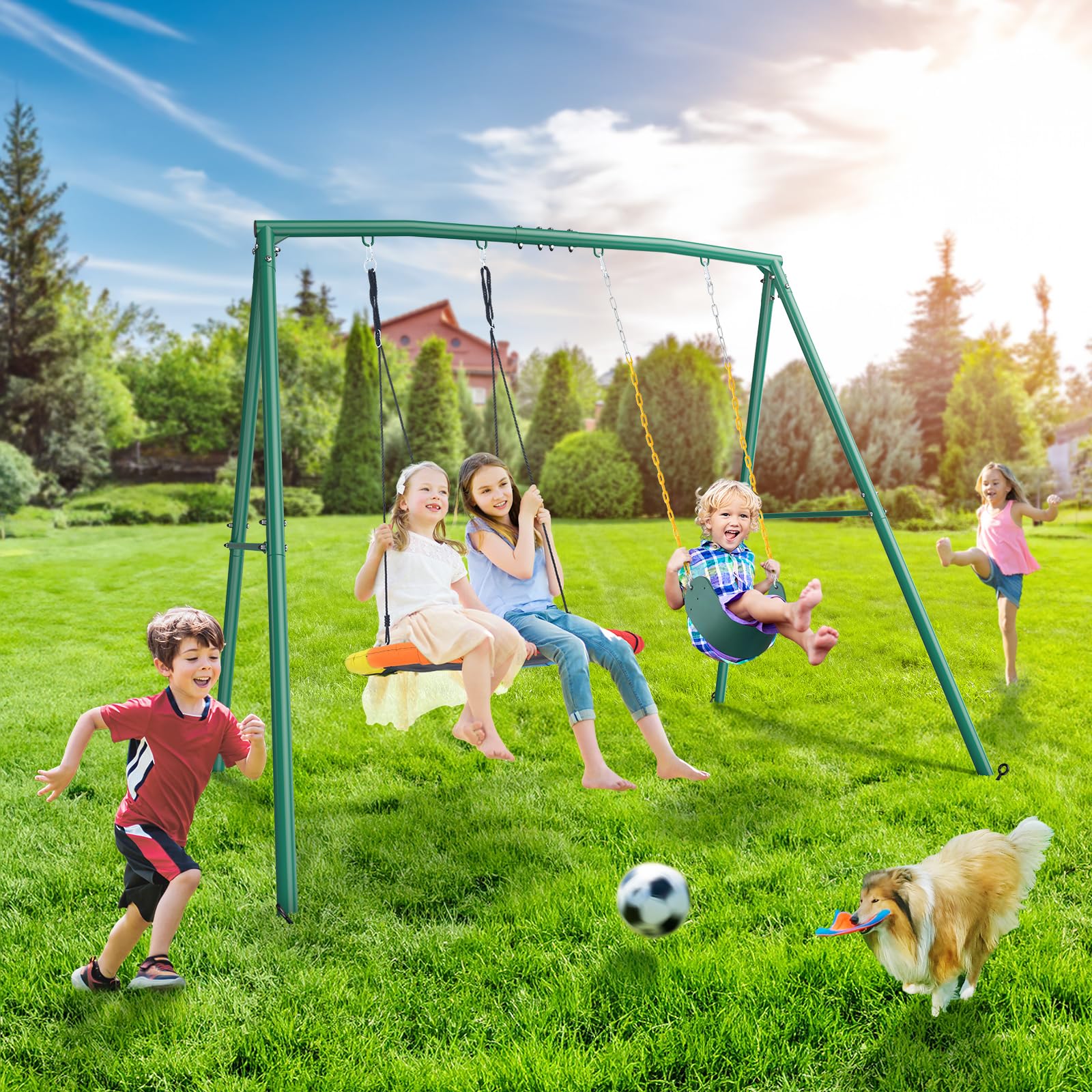 440lbs 2 Seat Swing Sets for Backyard, 1 Saucer Swing
