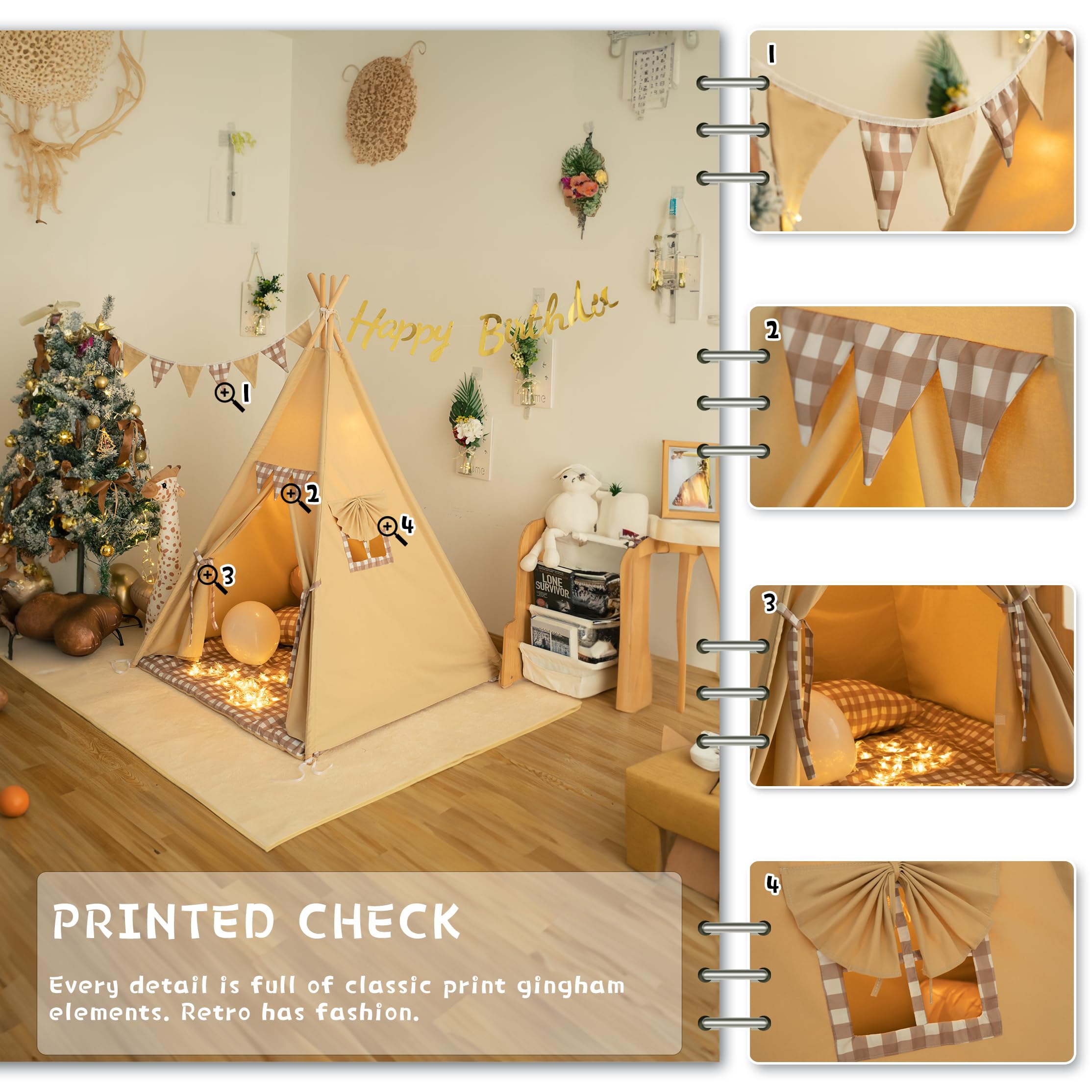 Teepee Tent with Padded Mat Bunting Banner Fairy Lights - Print Gingham Kids Play Tent with Carry Bay for Indoor and Outdoor, Play House Toys for Toddler, Boys and Girls