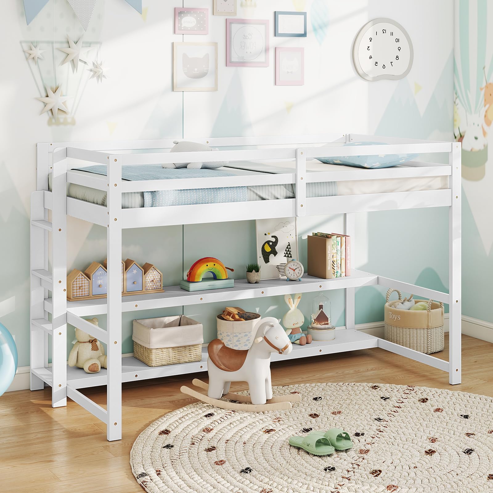 Twin Low Loft Bed with Storage Shelves, Wooden Loft Bed with Full-Length