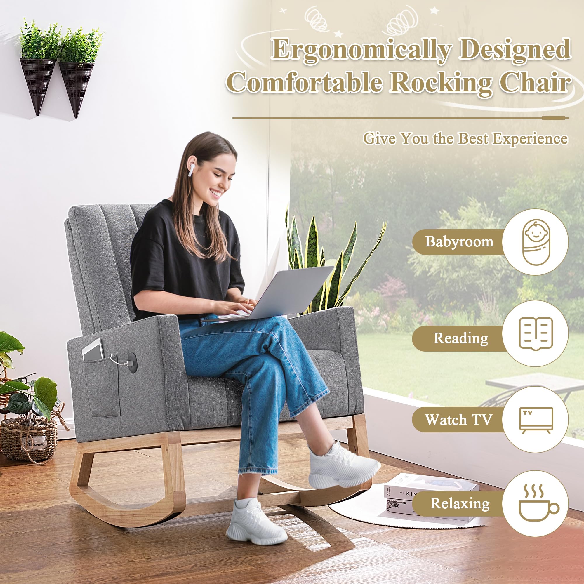 Upholstered Rocking Chair with USB Port and Side Pocket