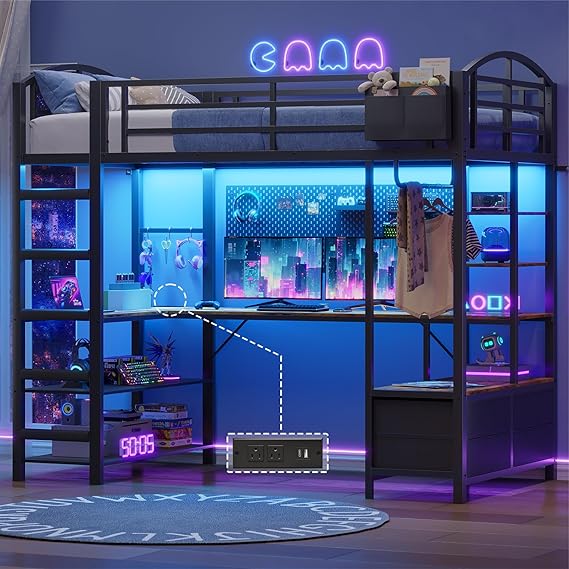 Loft Bed Twin Size with L Shape Desk,4 Drawers