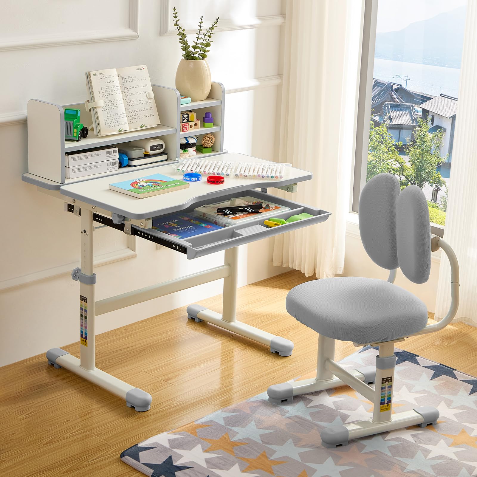 Ergonomic Kids Desk and Chair Set with Adjustable Height and Tilting Desktop