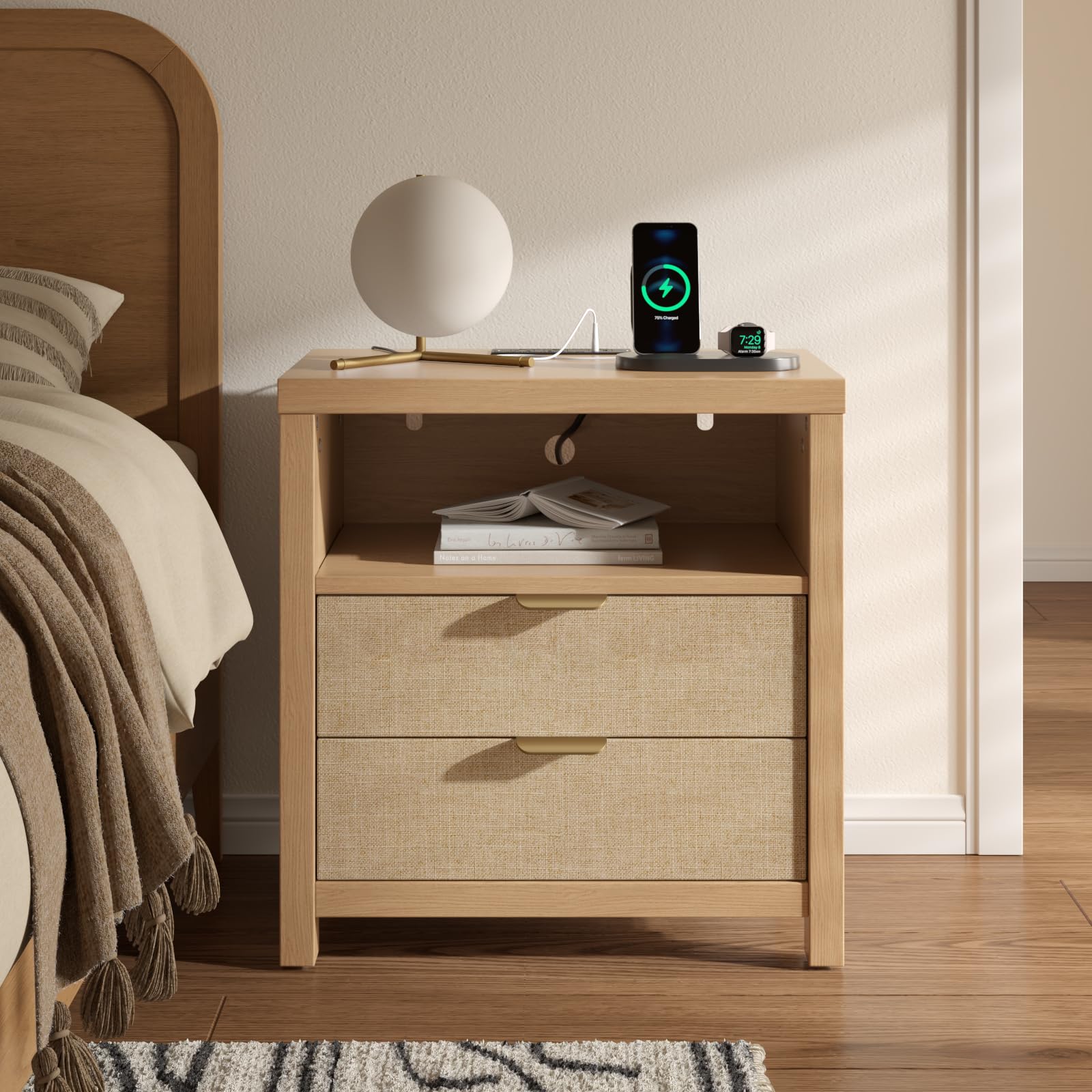 Rattan Nightstand with Charging Station and Storage Drawers