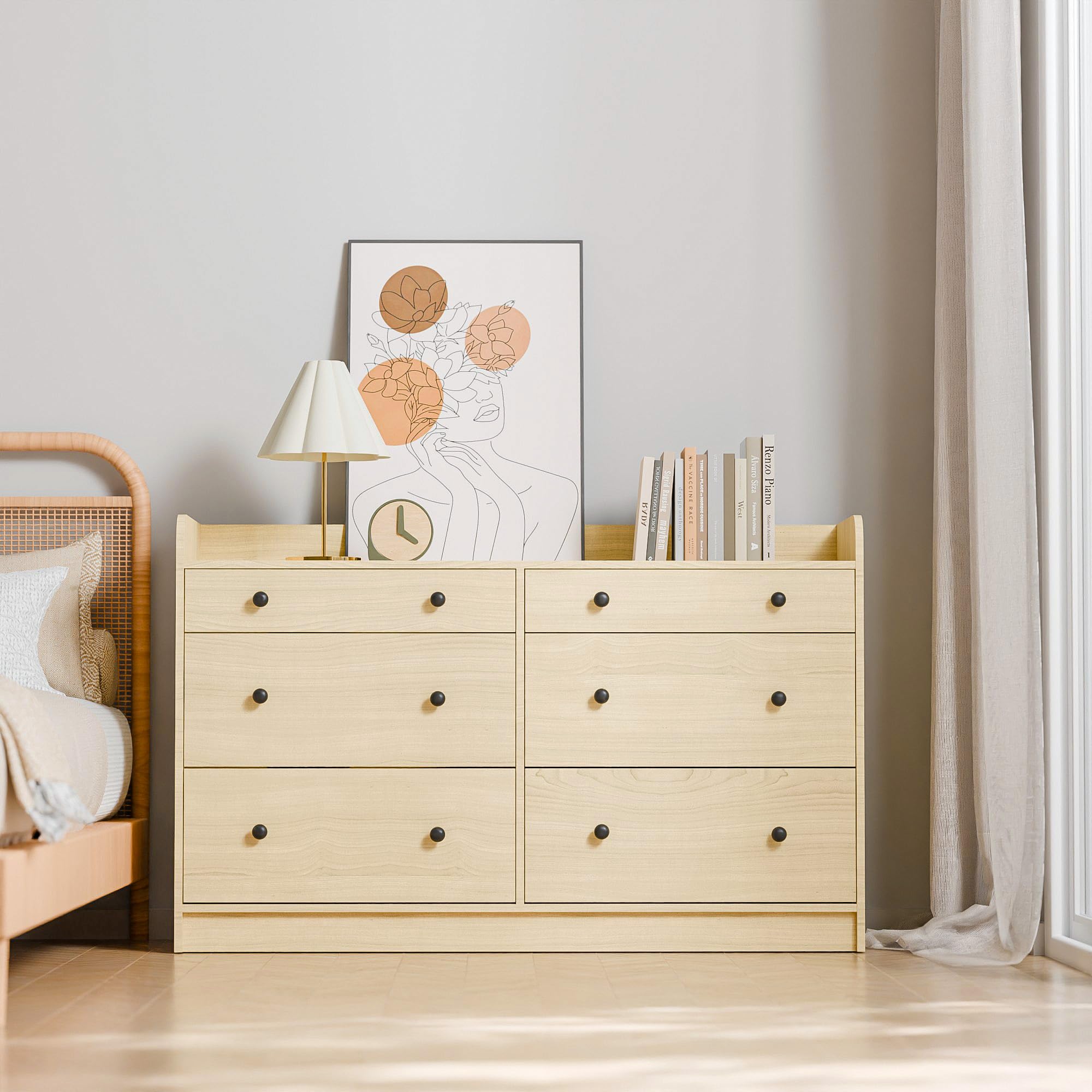 6 Drawer Wood Dresser Cabinet 52 Inch Long Modern Sideboard