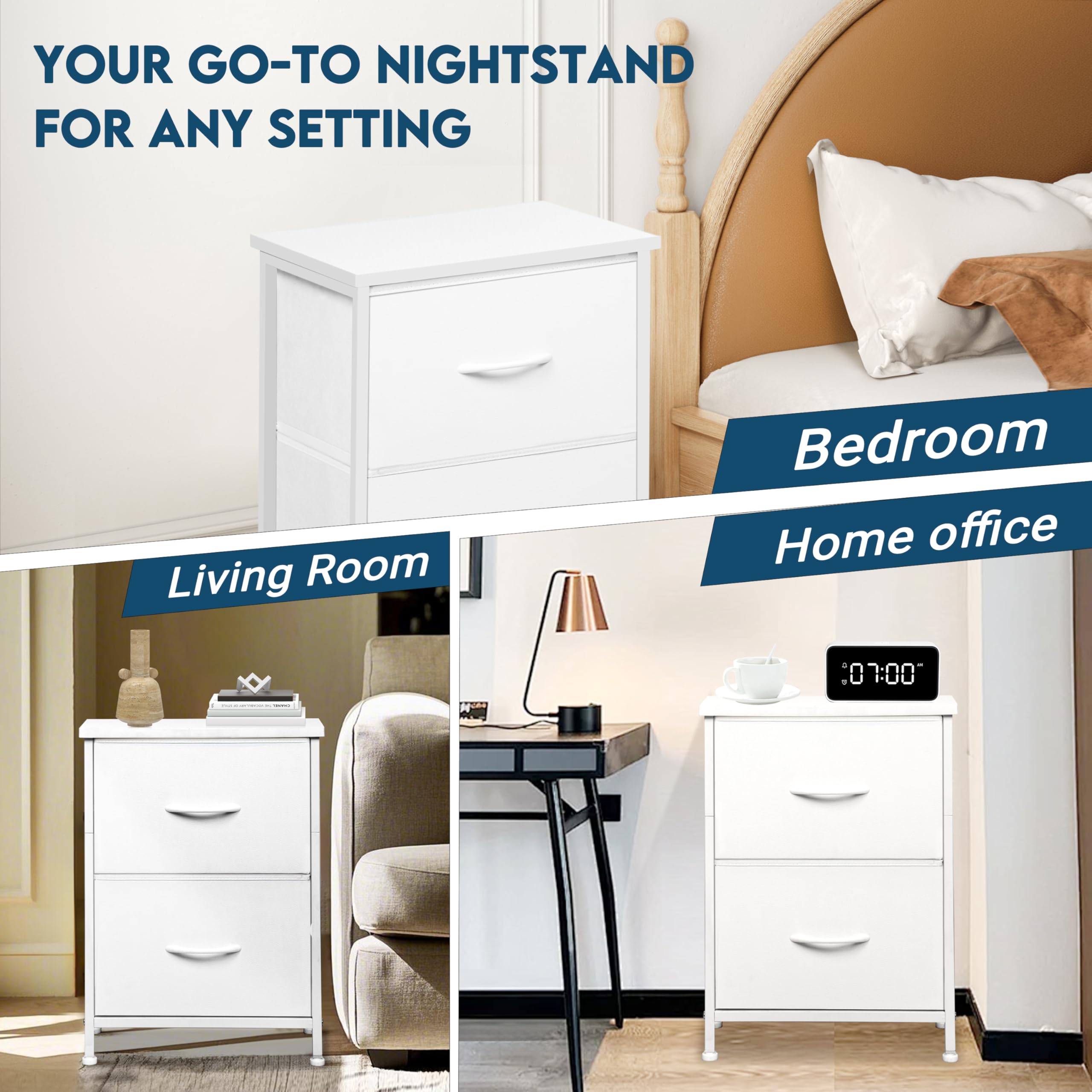 White Nightstand with 2 Fabric Drawers