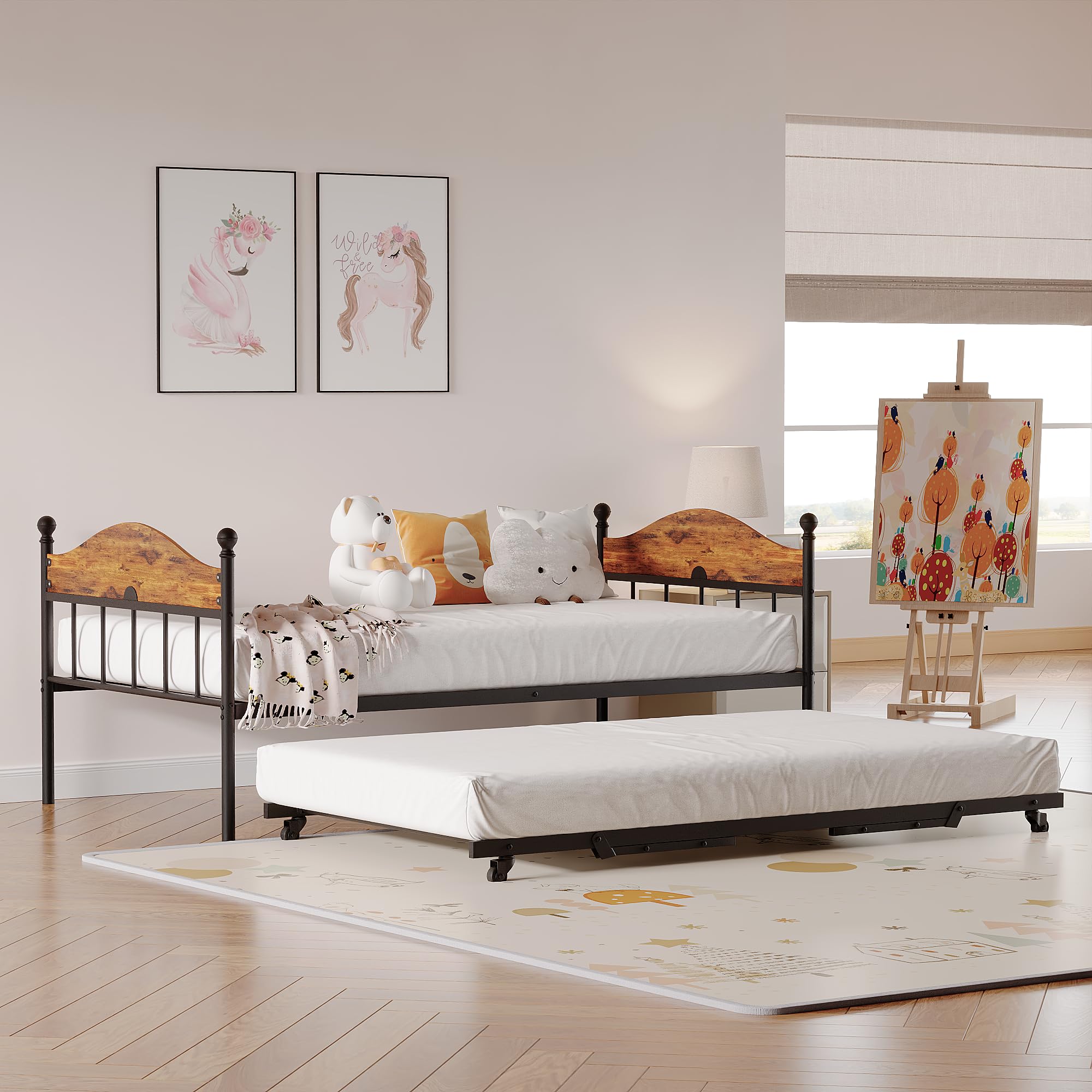 Daybed with Trundle, Metal Twin Size Day Bed