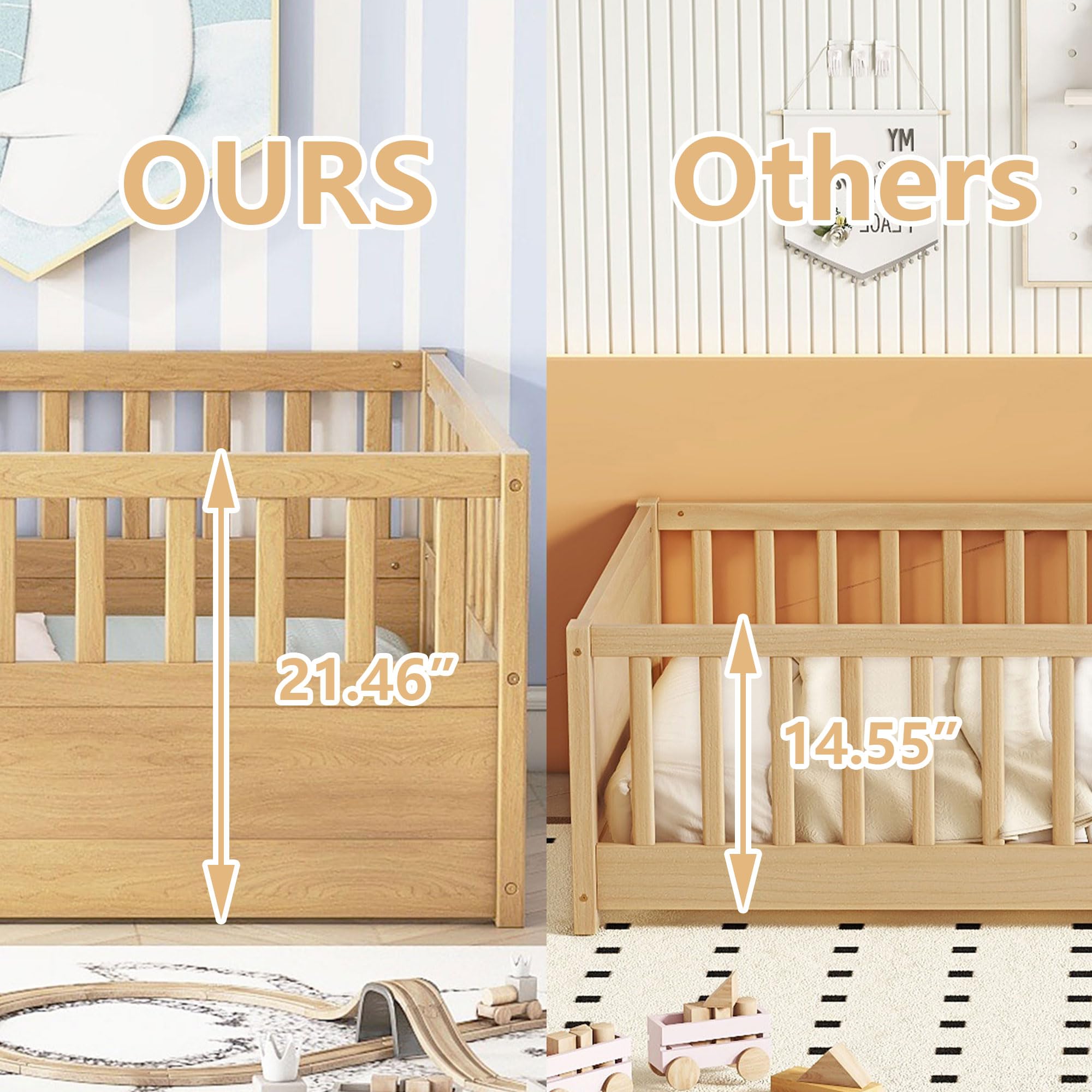 Twin Montessori Floor Bed with High Fence and Door