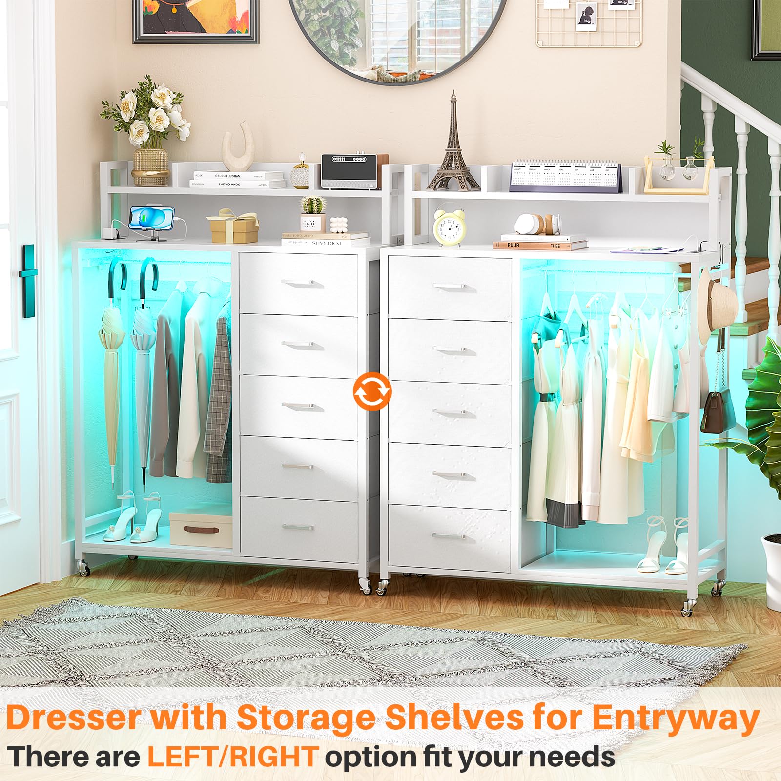 5 Drawer Dresser with Clothes Rack and Charging Station