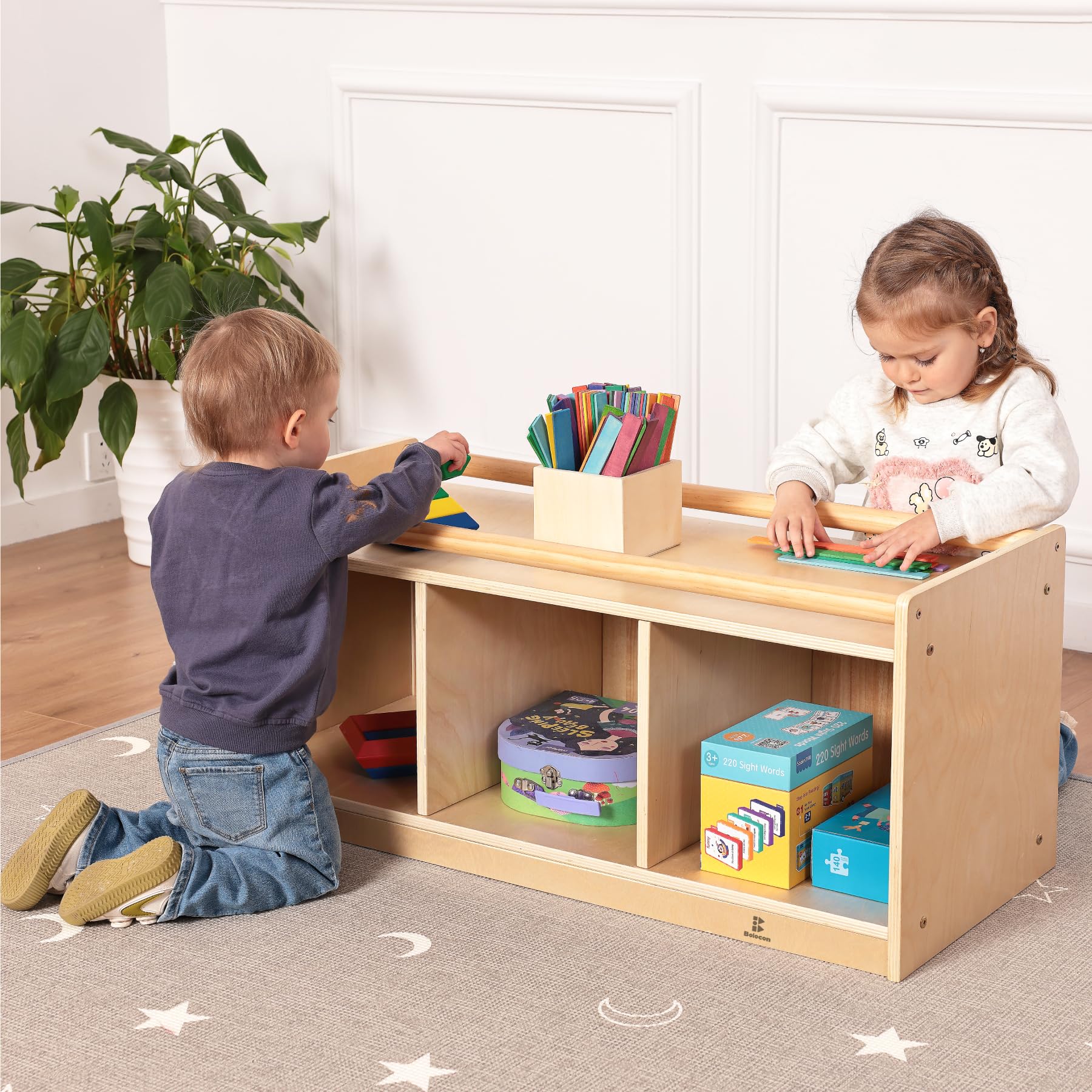 Toddler Toy Storage w/Mirror Back, Baby Preschool and Daycare Cubbies w/ 2 Top Holding