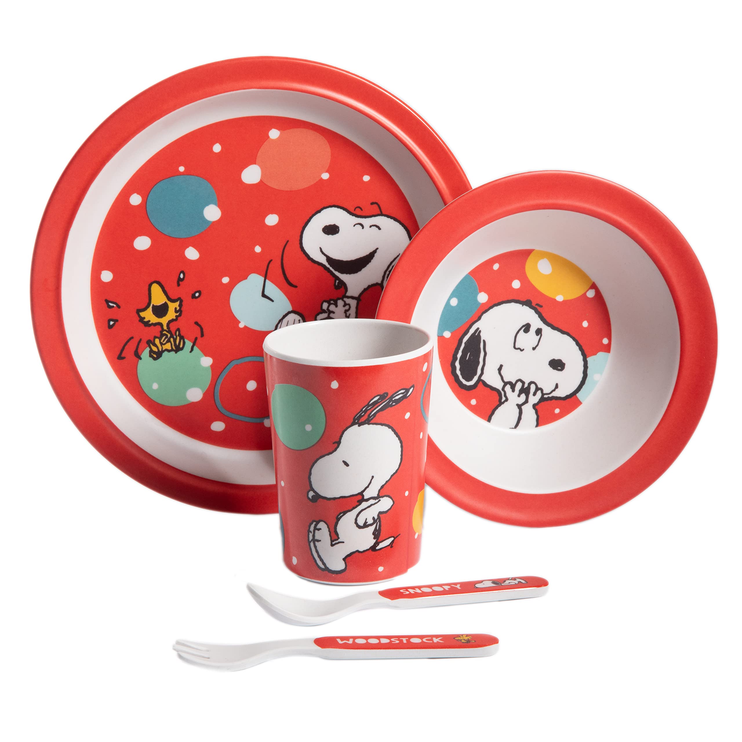Snoopy Fun Times 5-Piece Bamboo Melamine Dinnerware Set For Kids - Red