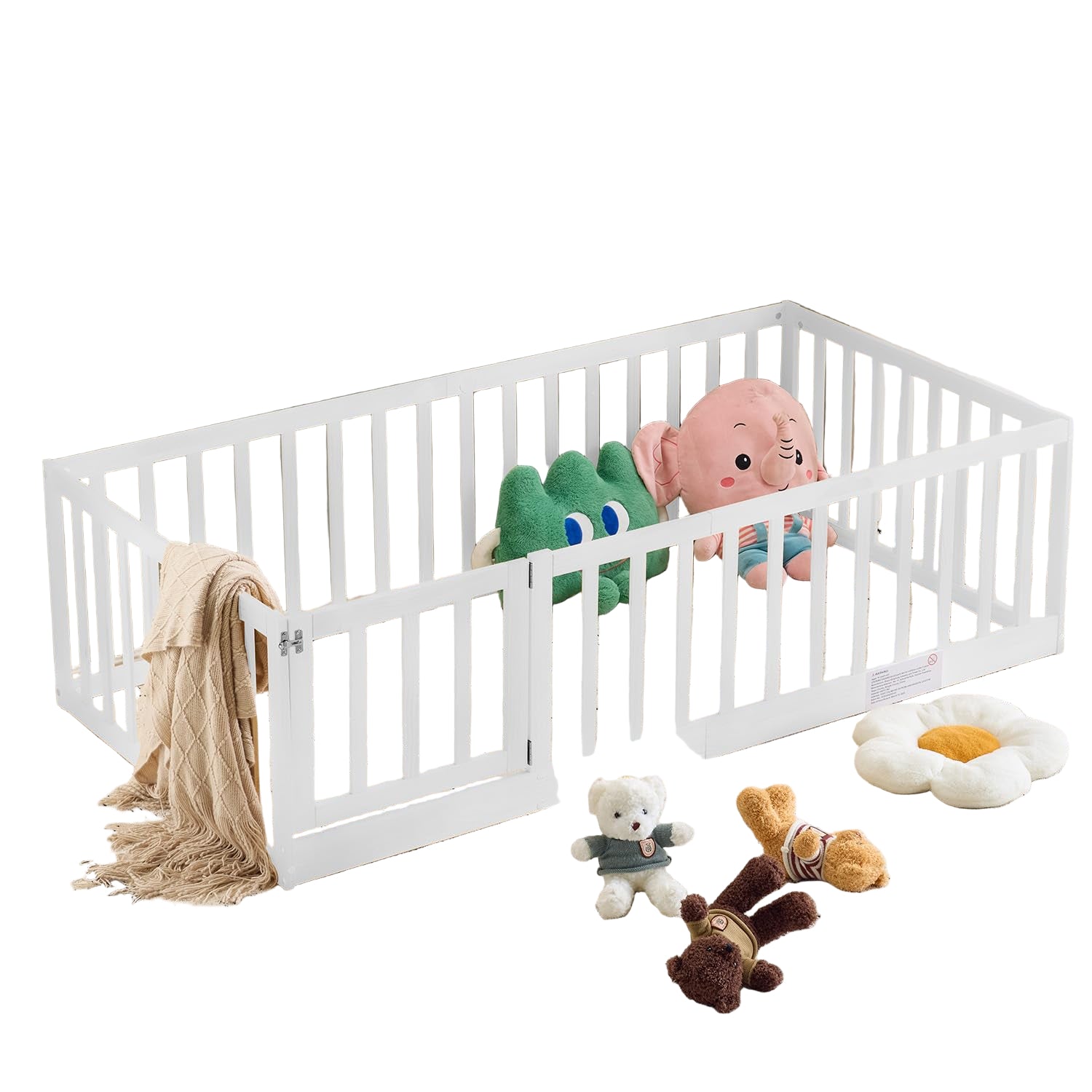 Twin Floor Bed for Kids with Safety Guardrails and Door and Slats