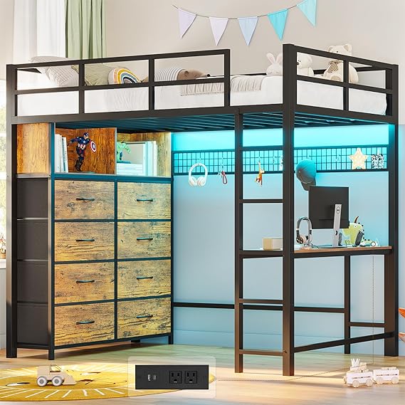 Twin Size Loft Bed with Desk and 8 Storage Drawers