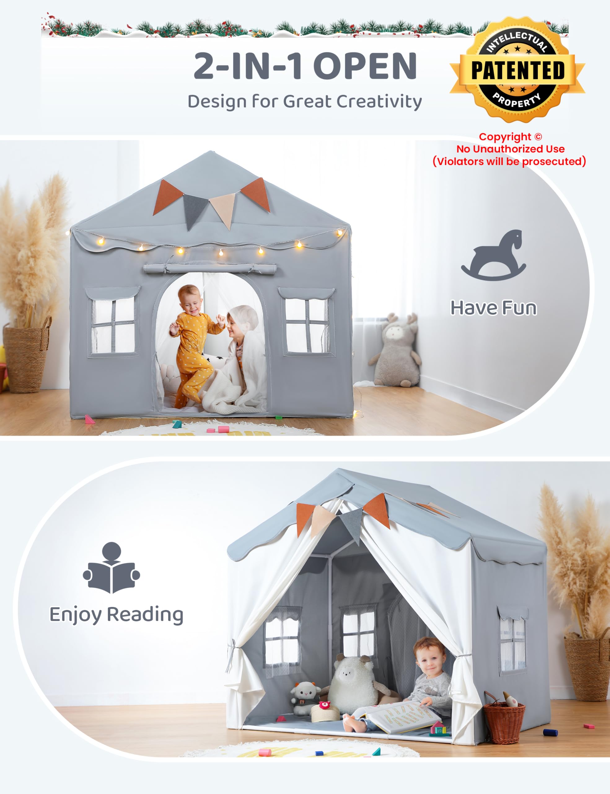 besrey Kids Tent, Kids Play Tent 2 in 1 with Padded Mat and Lights, Large Playhouse with 2 Doors & 4 Windows, Indoor & Outdoor, Halloween Toddler Playhouse, 51" x35" x 51" (Gray)