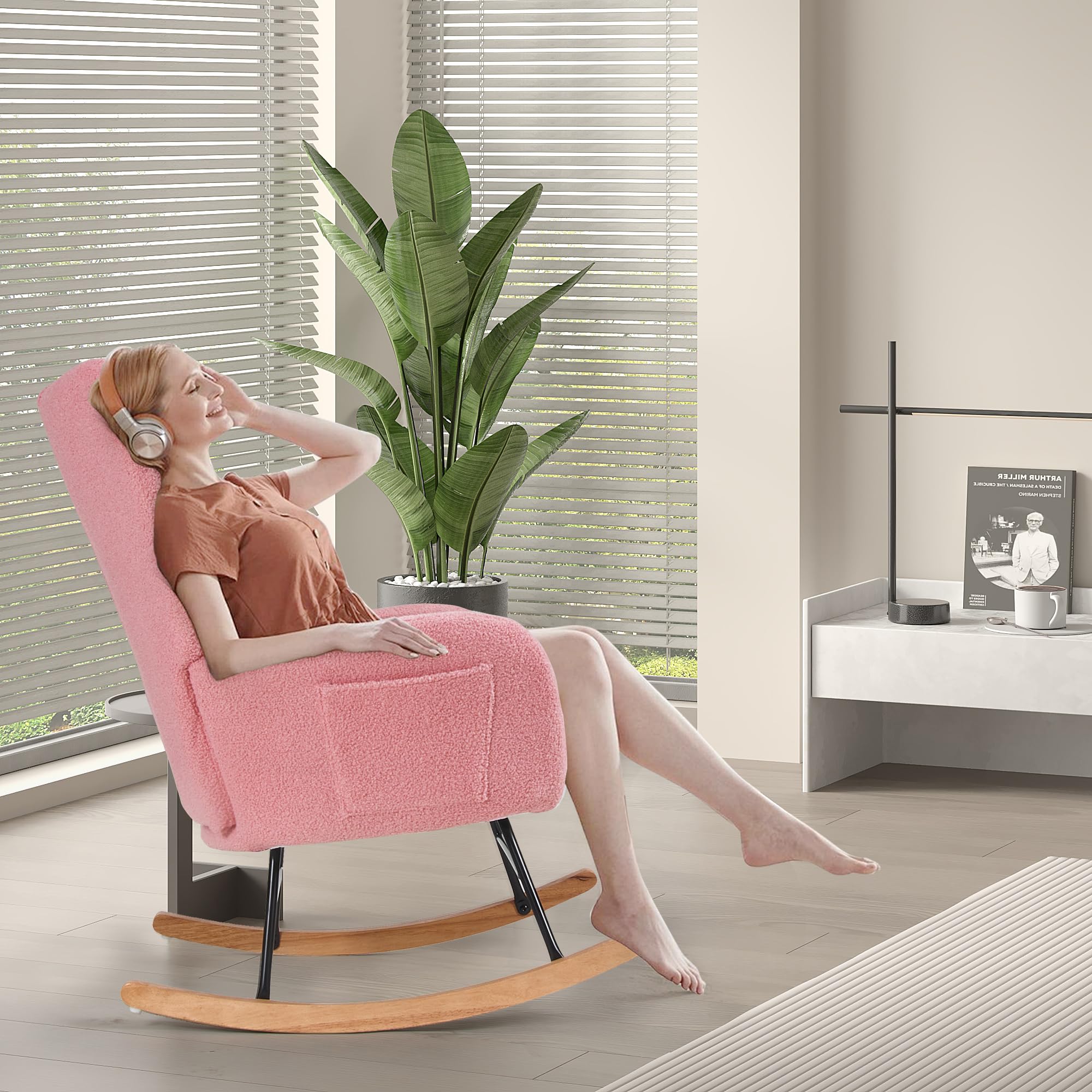Rocking Chair Nursery with Thick Headrest, Modern Teddy Upholstered