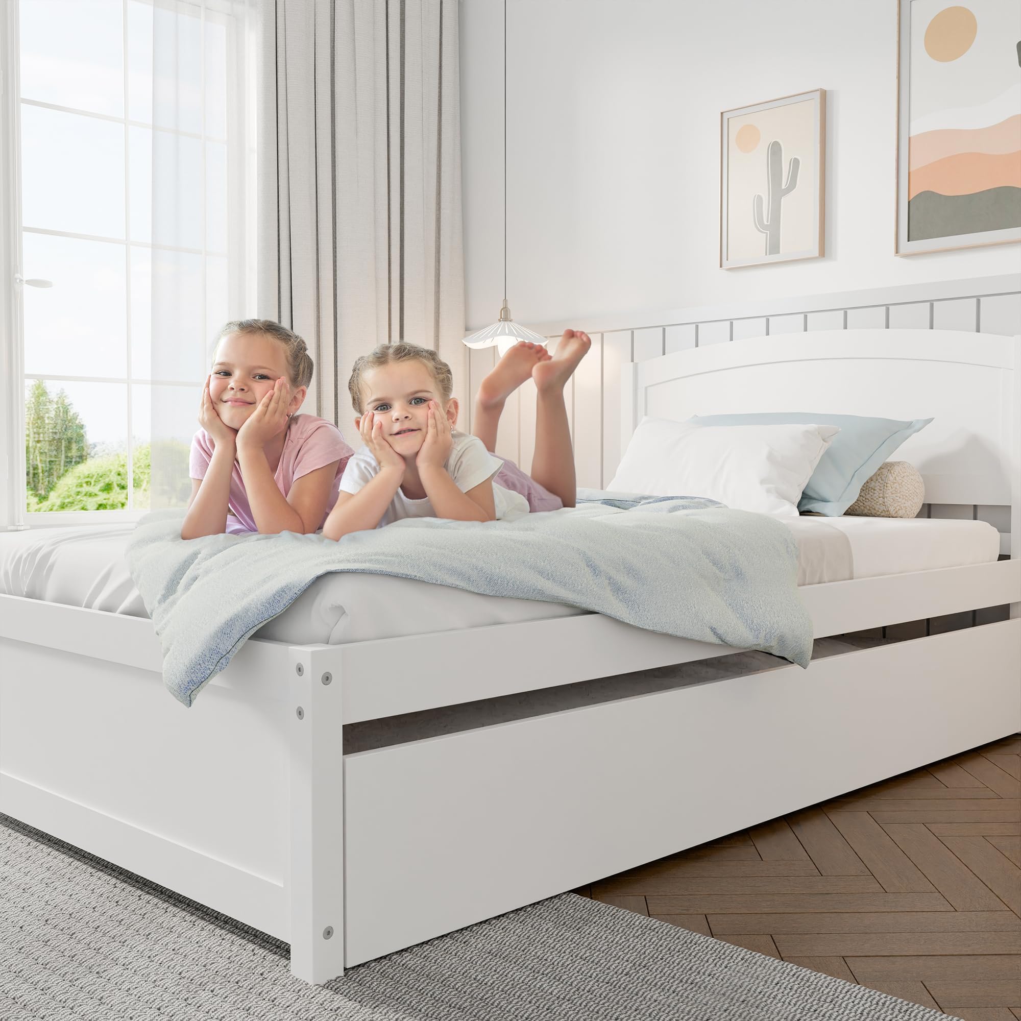 Daybed with Trundle, Twin Size Pull Out Bed, Include Slat Support (White, Trundle)